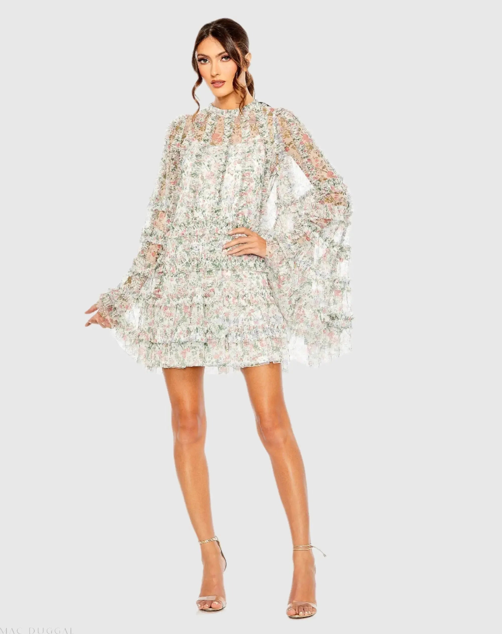 Floral Print Long Flare Sleeve Mesh A-Line Dress-Myartka
