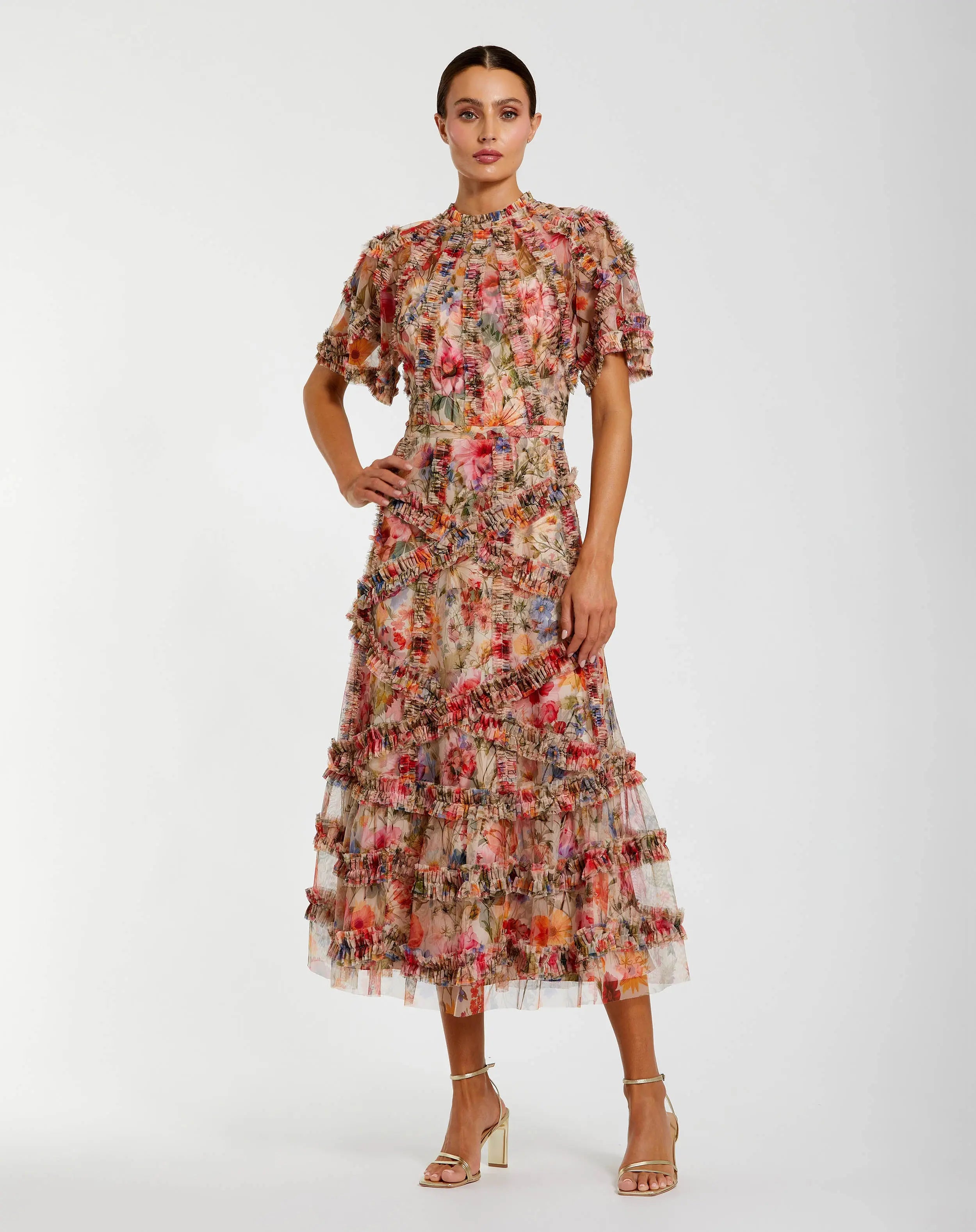 Multicolor Floral Midi Dress with Ruffle Detailing-Myartka