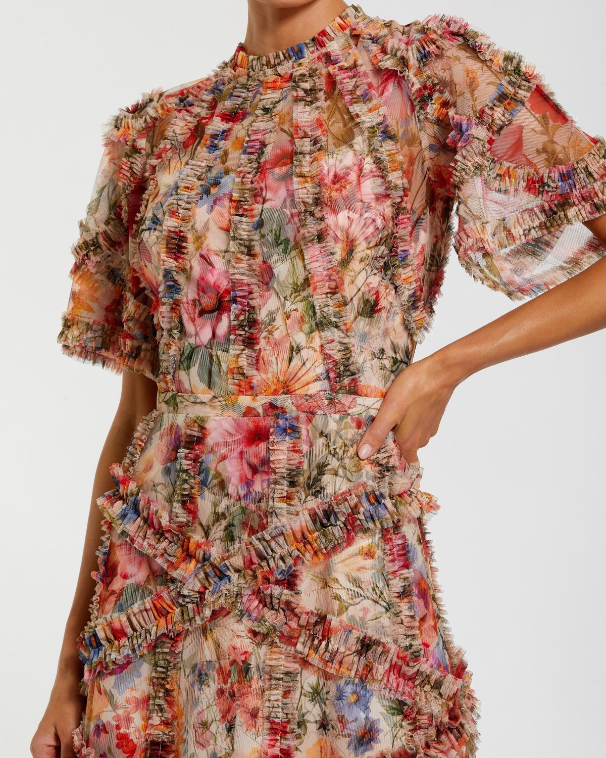 Multicolor Floral Midi Dress with Ruffle Detailing-Myartka