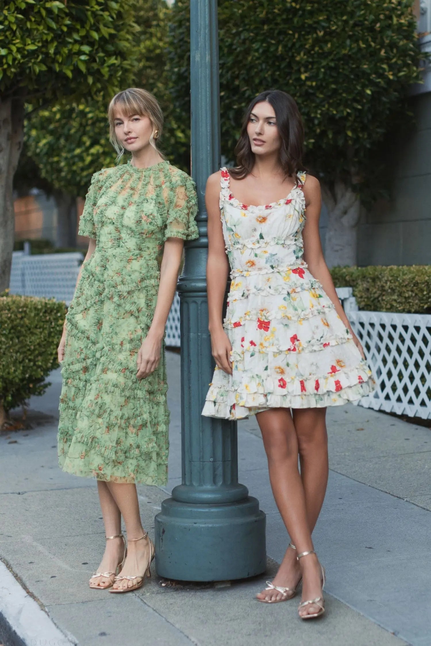 Green Floral Midi Dress with Ruffle Detailing-Myartka