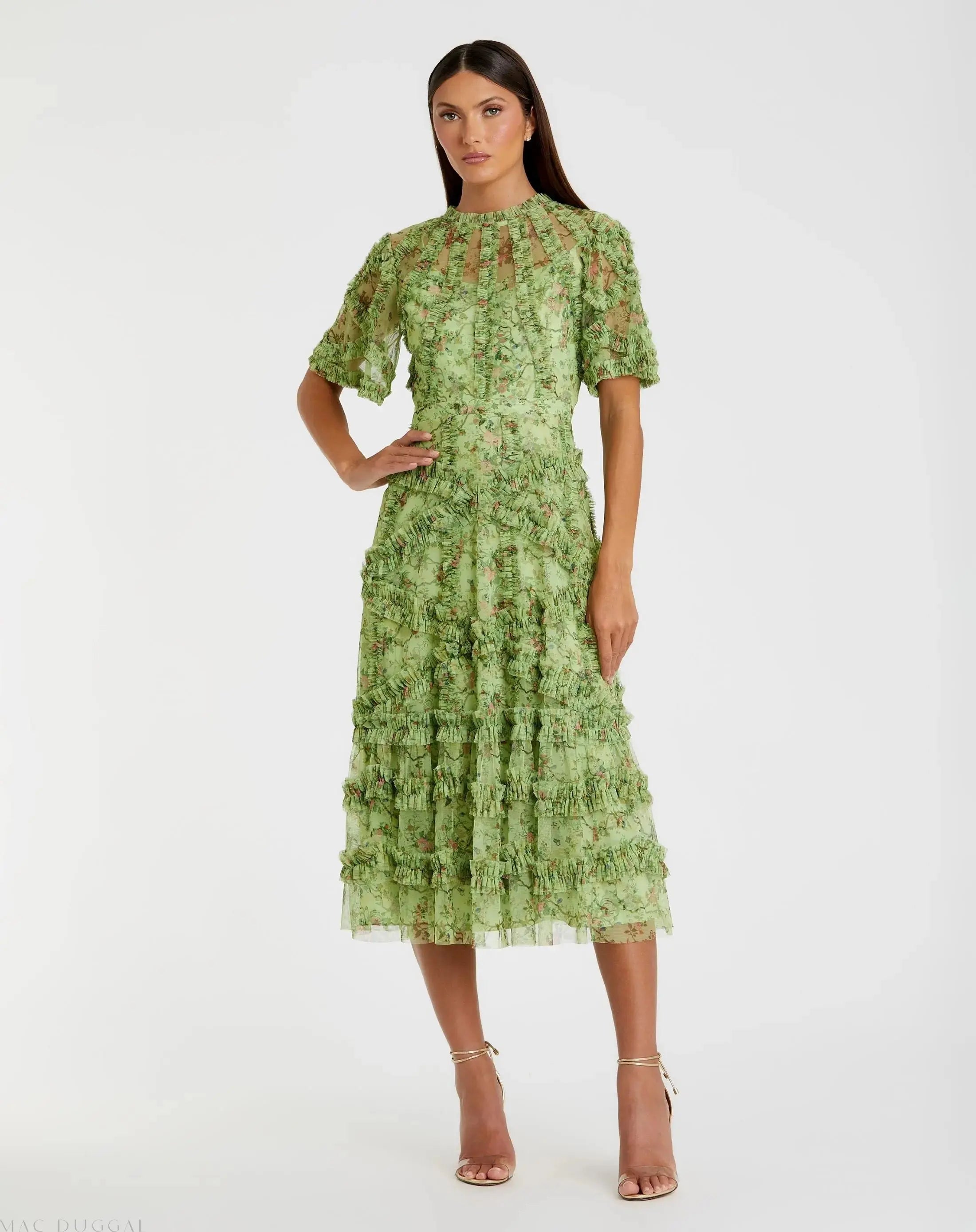 Green Floral Midi Dress with Ruffle Detailing-Myartka