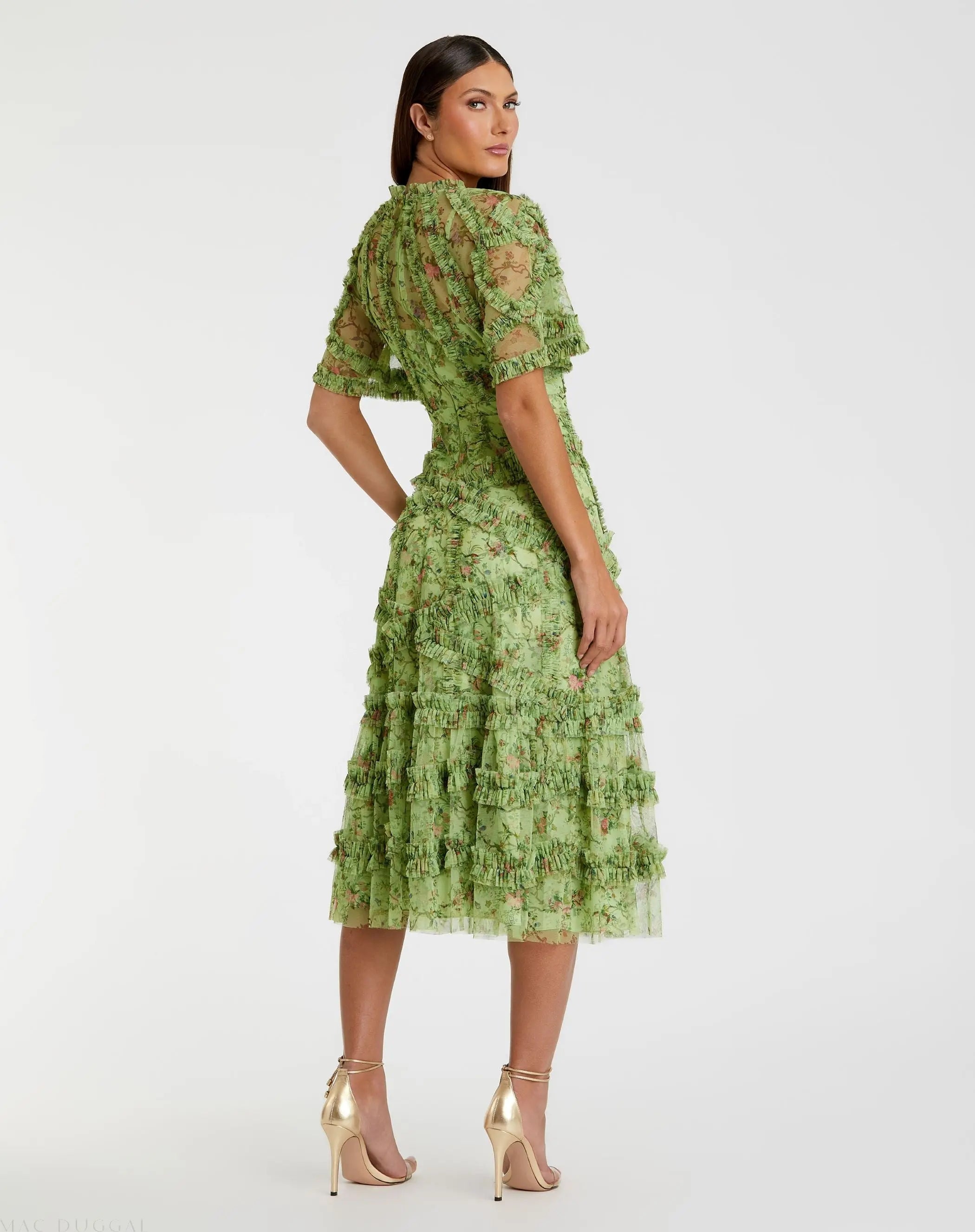 Green Floral Midi Dress with Ruffle Detailing-Myartka