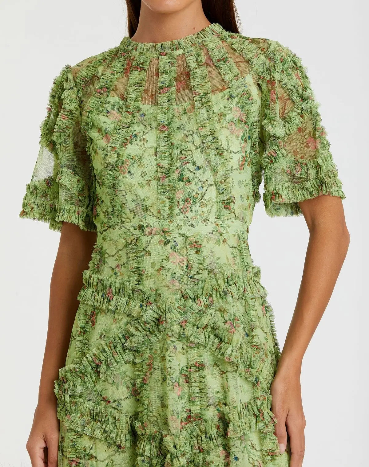 Green Floral Midi Dress with Ruffle Detailing-Myartka