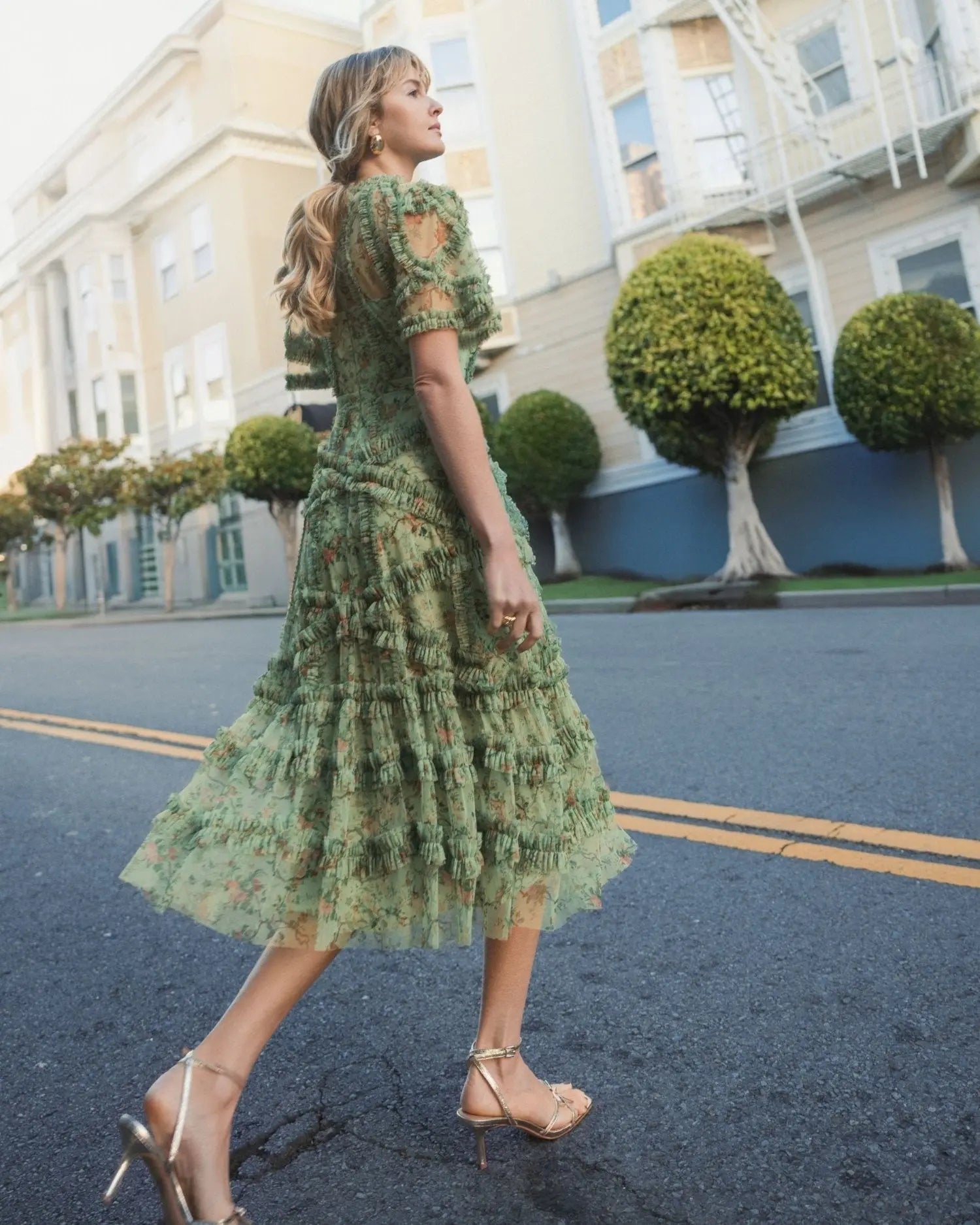 Green Floral Midi Dress with Ruffle Detailing-Myartka