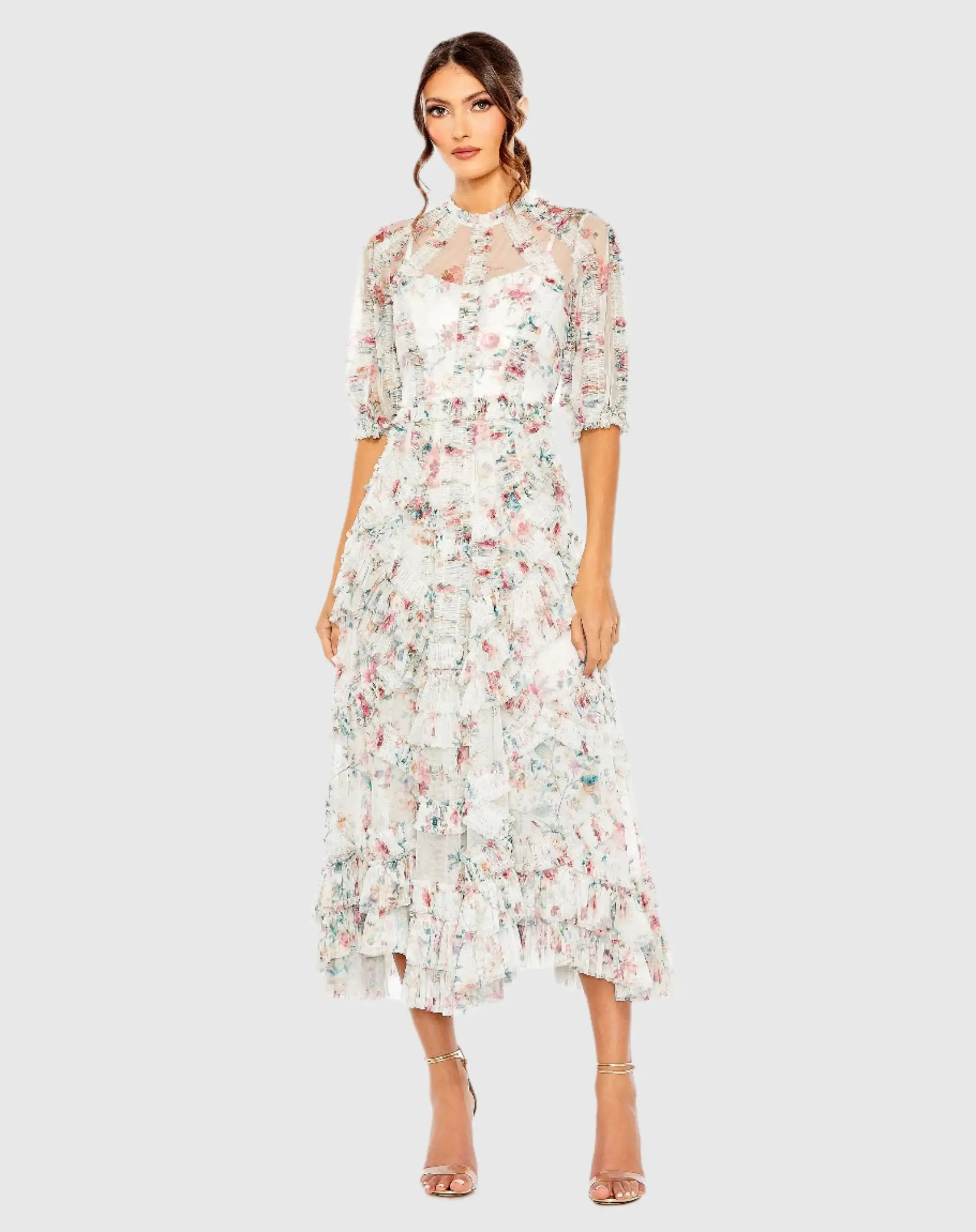 Multicolor Mesh Puff Sleeve Floral Print Dress-Myartka