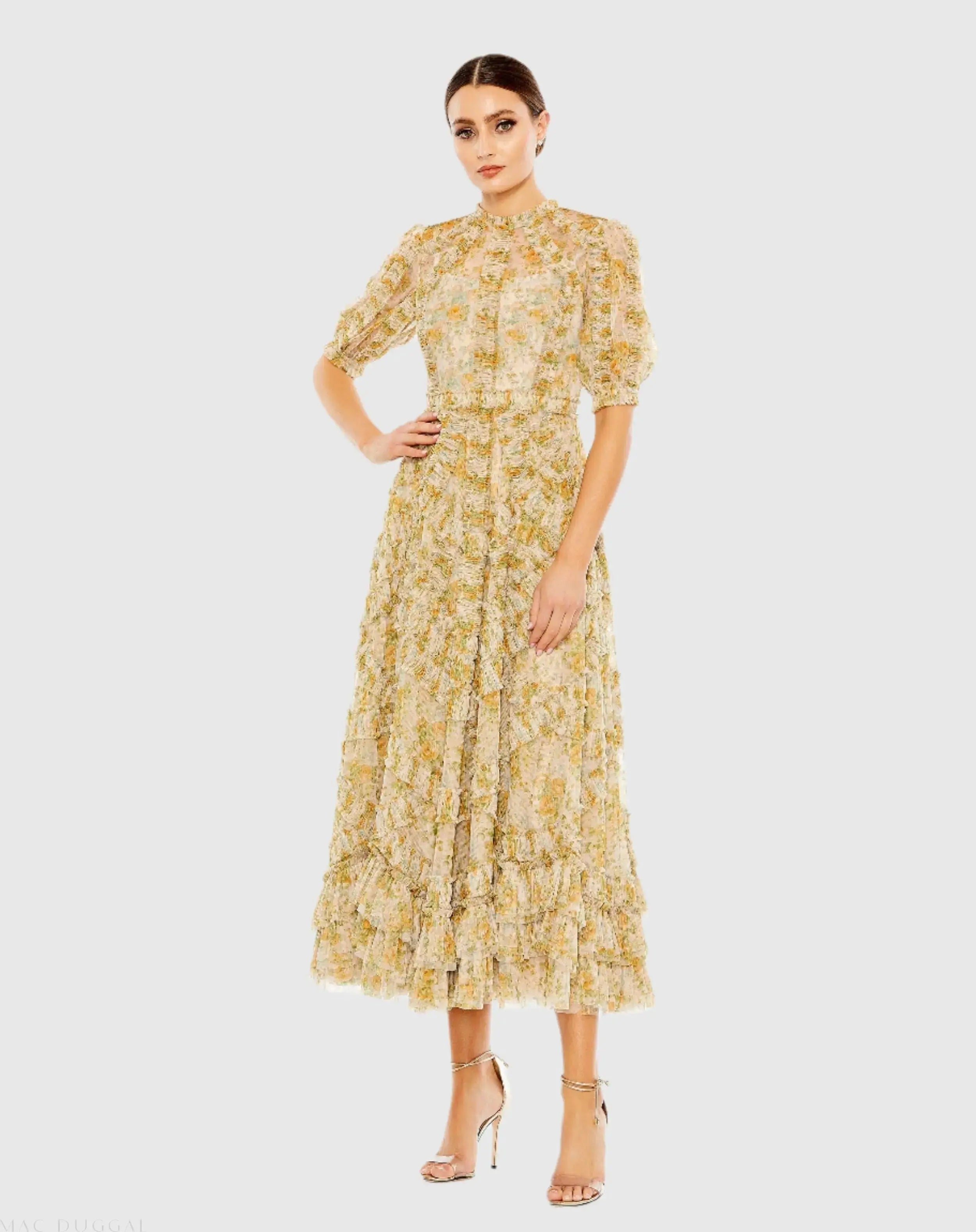 Multicolor Mesh Puff Sleeve Floral Print Dress-Myartka