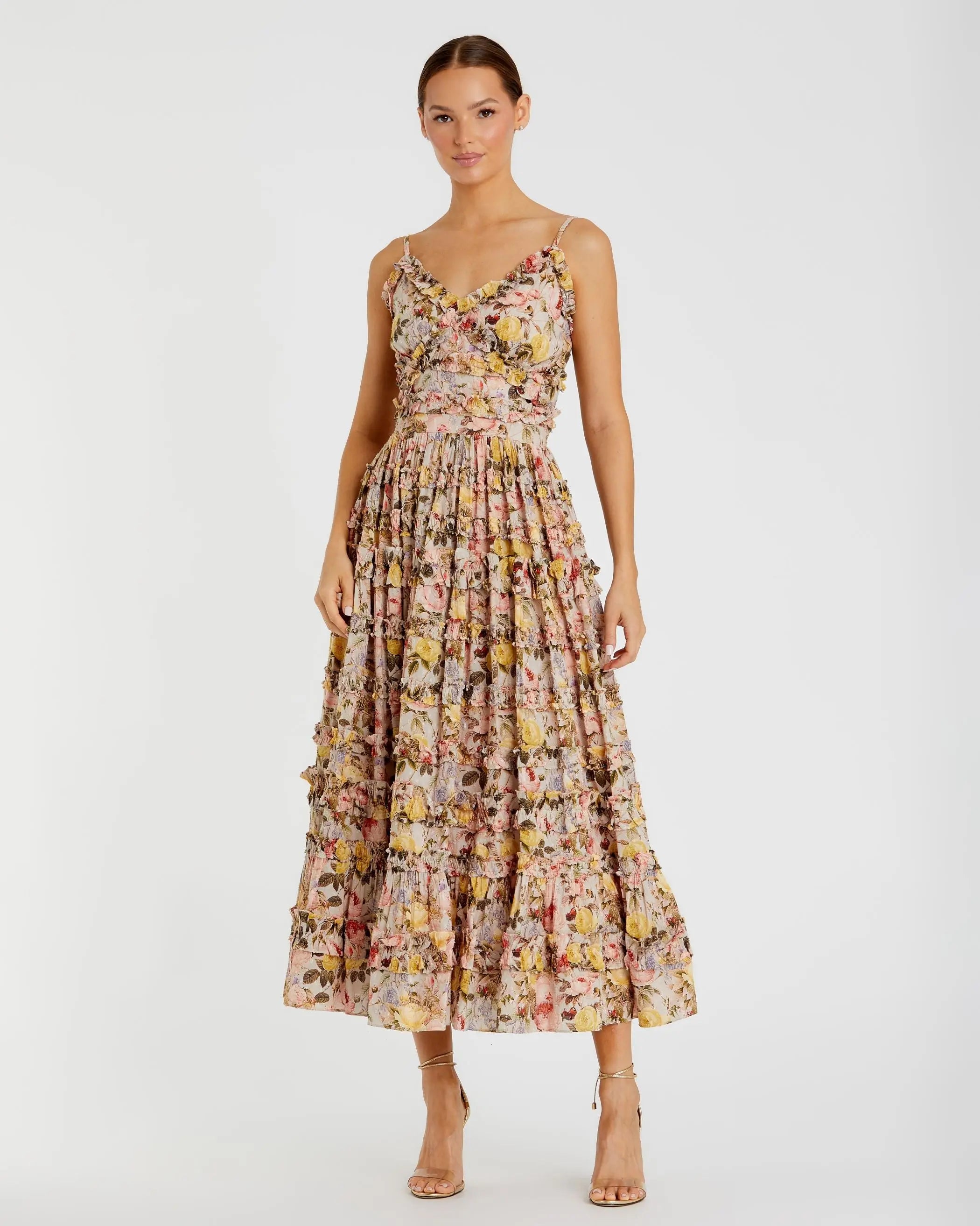 Beige Floral Printed Micro Ruffle Cotton Midi Dress-Myartka