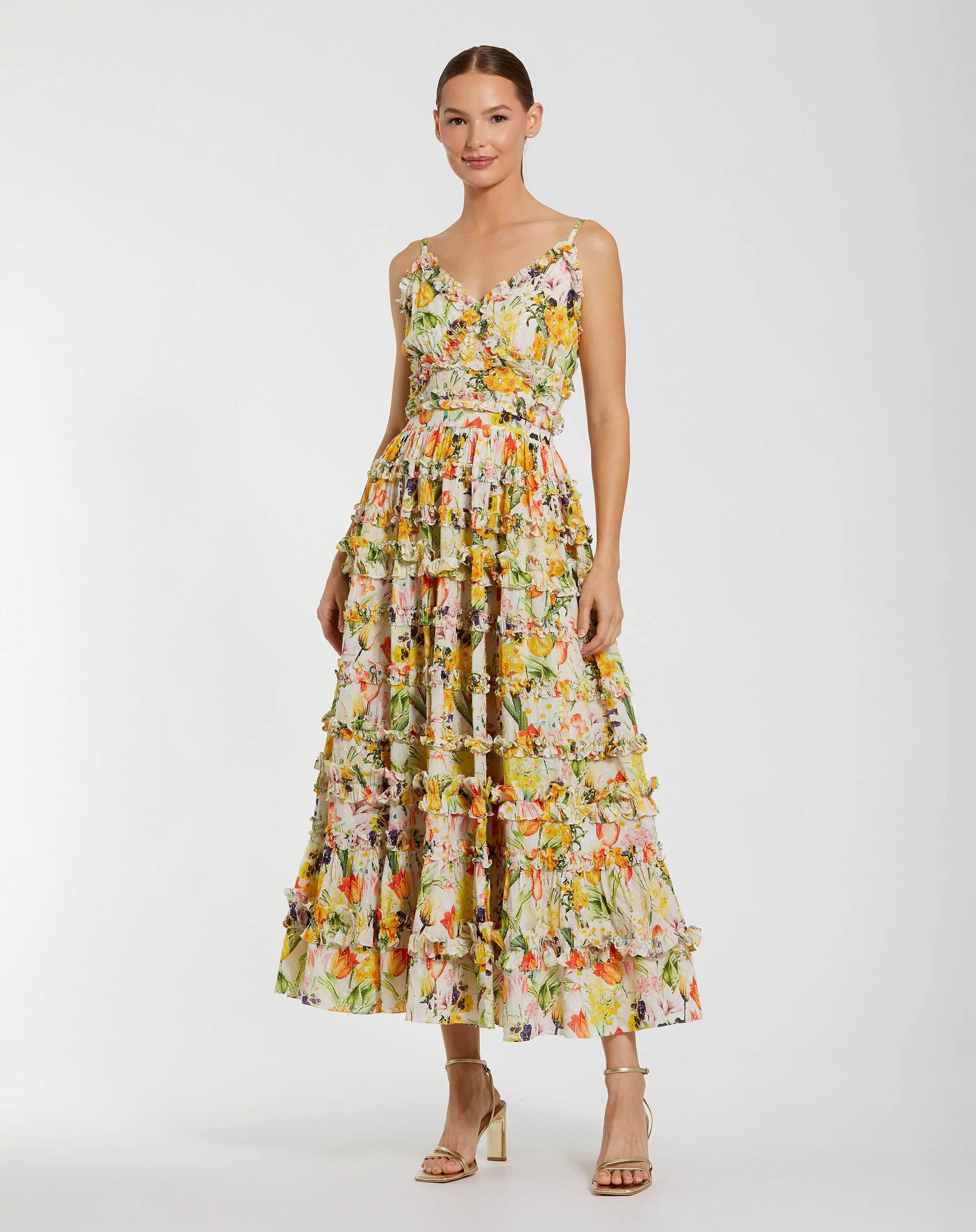 Yellow Floral Printed Micro Ruffle Cotton Midi Dress-Myartka