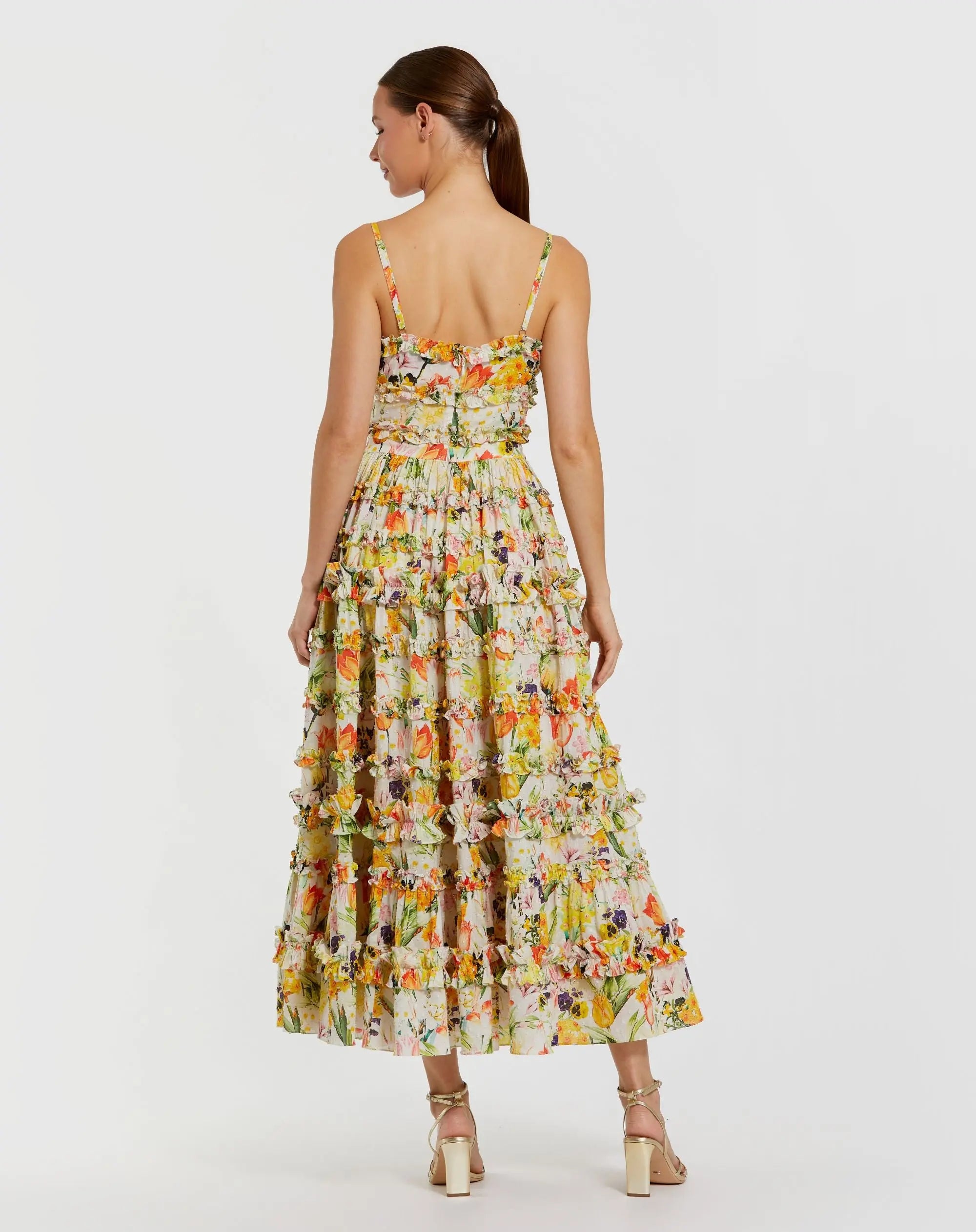 Yellow Floral Printed Micro Ruffle Cotton Midi Dress-Myartka