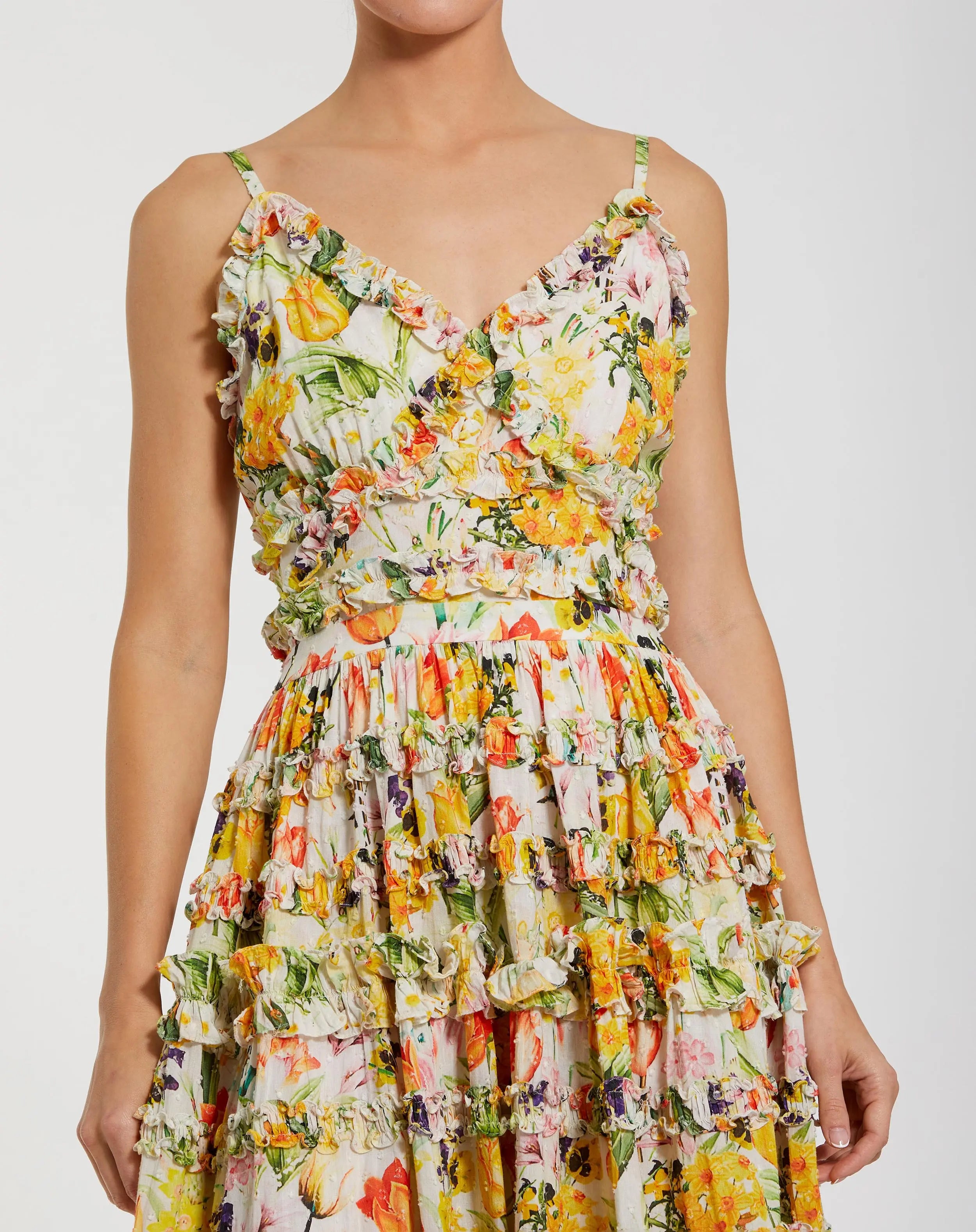 Yellow Floral Printed Micro Ruffle Cotton Midi Dress-Myartka