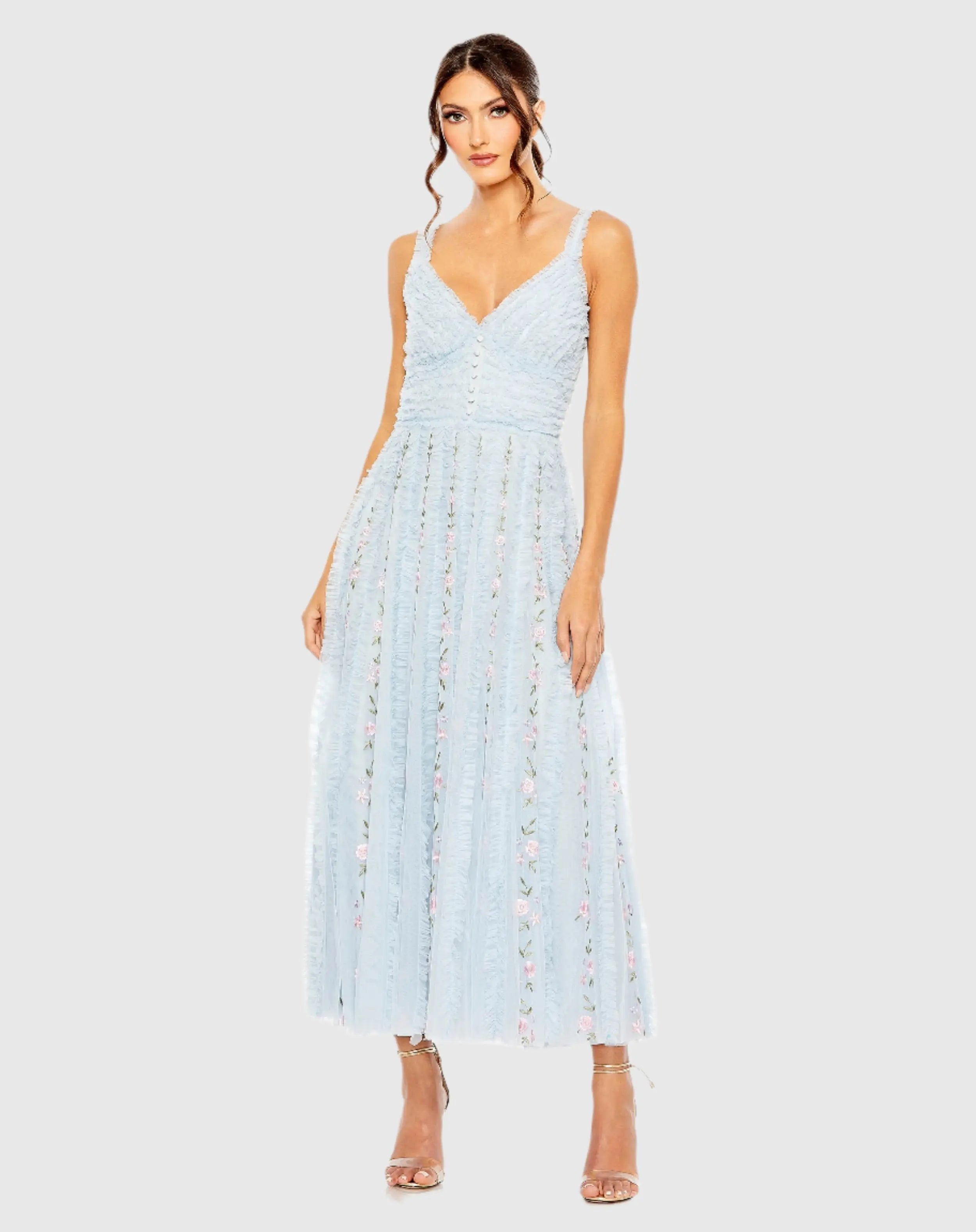 Blue Ruffle Floral Embroidered Detail Midi Dress-Myartka