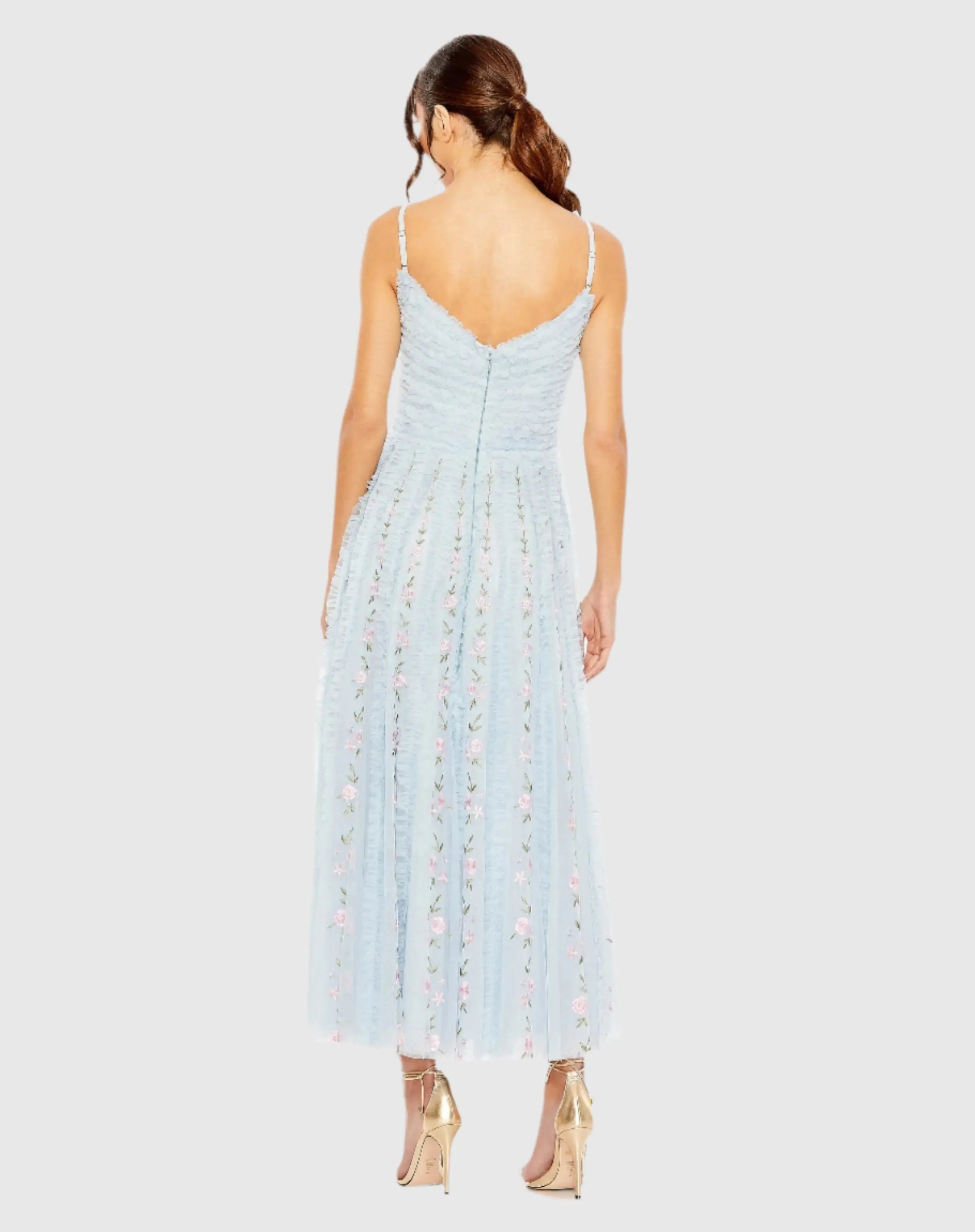 Blue Ruffle Floral Embroidered Detail Midi Dress-Myartka