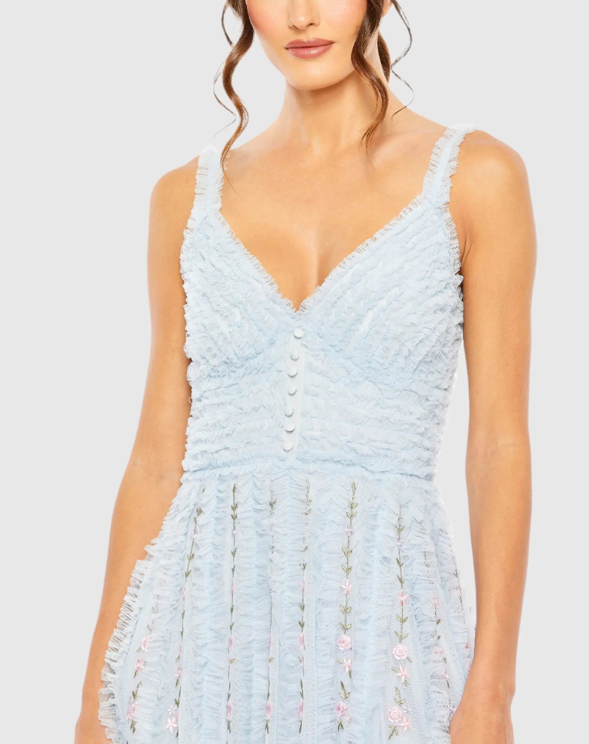 Blue Ruffle Floral Embroidered Detail Midi Dress-Myartka