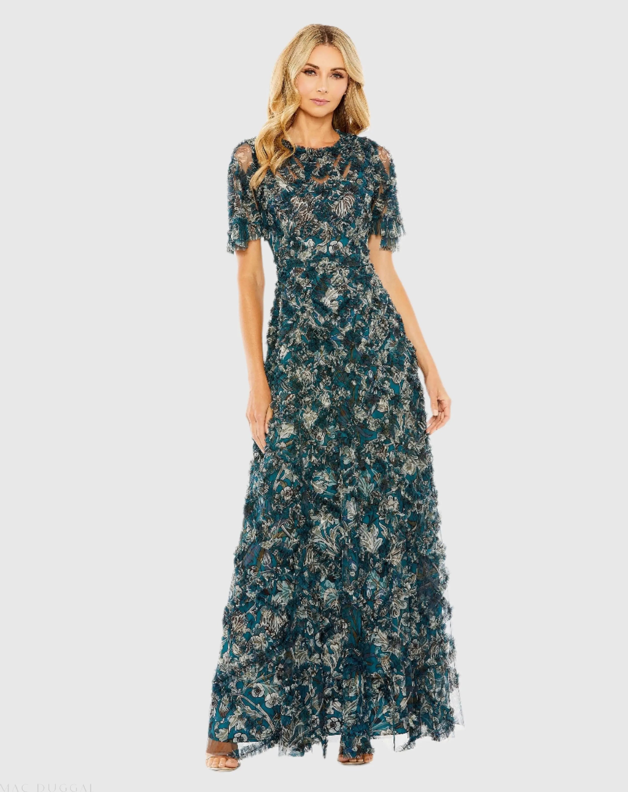 Blue Flutter Sleeve Floral Ruffle Detail Maxi Dress-Myartka