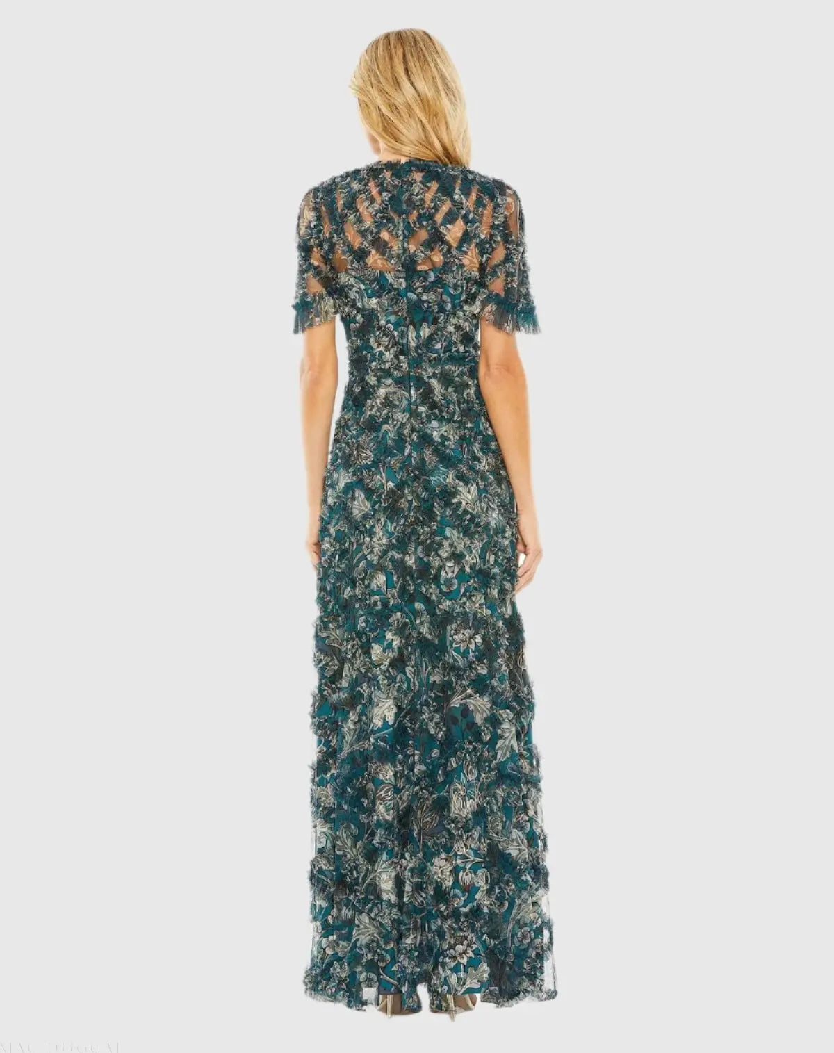 Blue Flutter Sleeve Floral Ruffle Detail Maxi Dress-Myartka