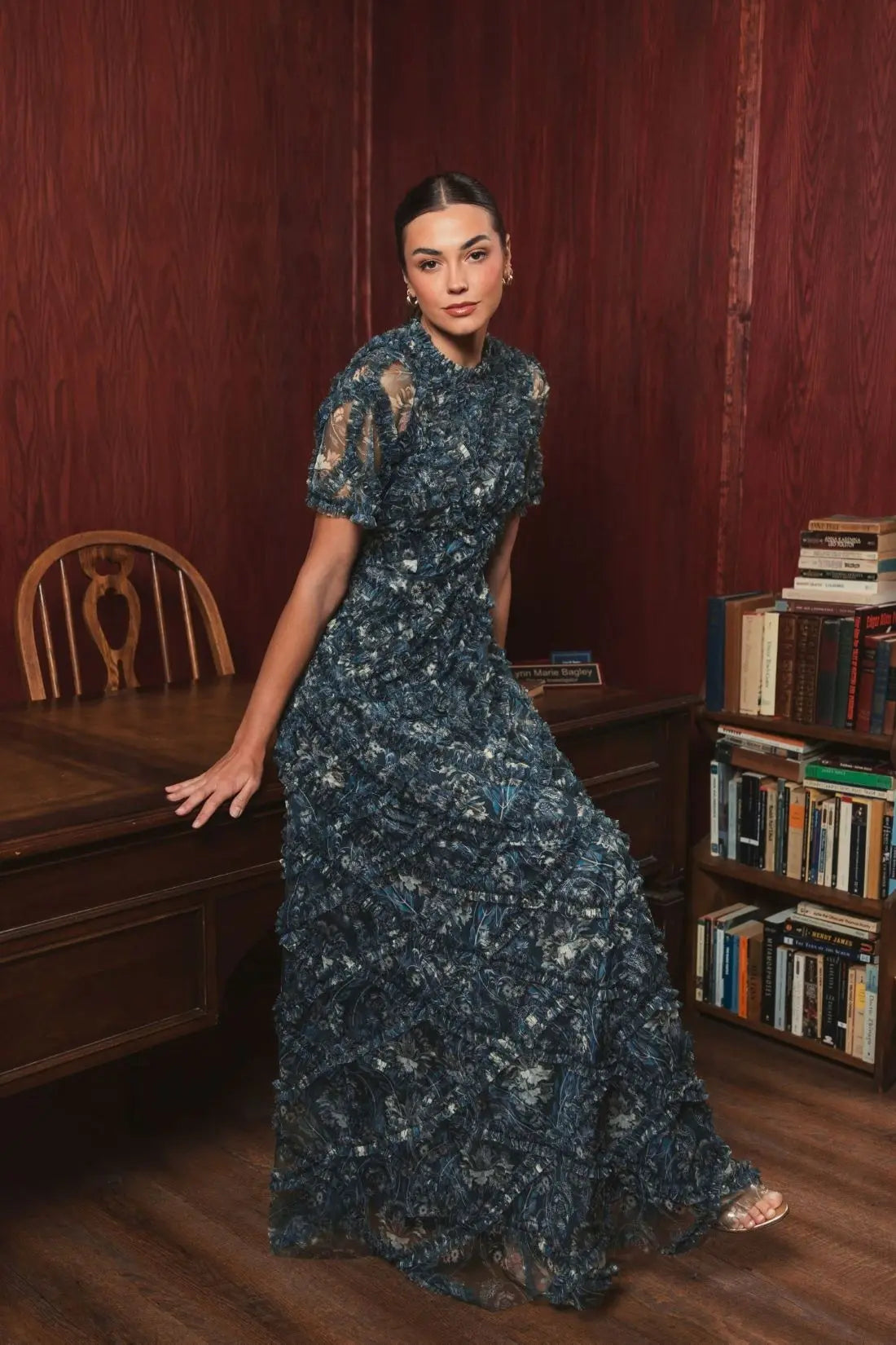 Blue Flutter Sleeve Floral Ruffle Detail Maxi Dress-Myartka