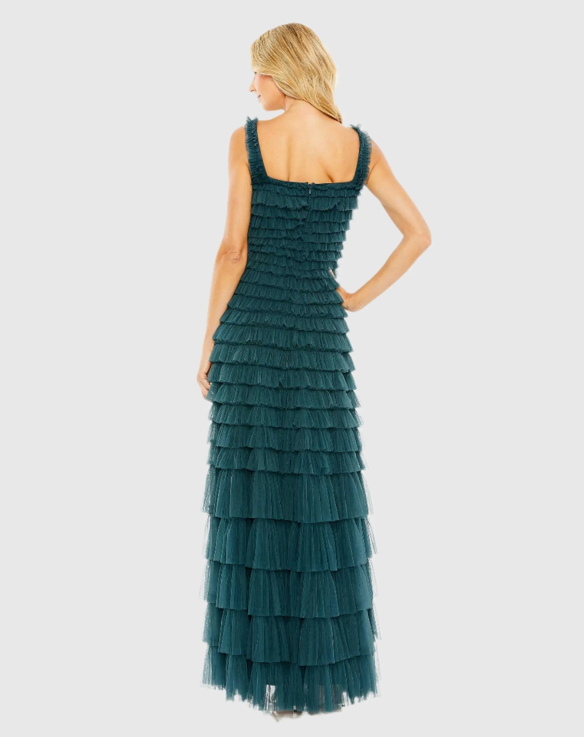 Teal Sleeveless Ruffle Layered Gown-Myartka