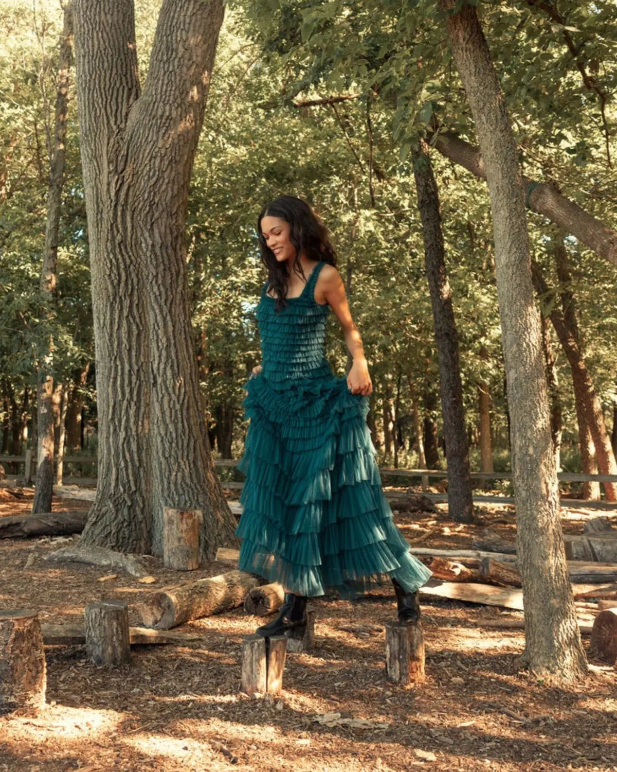 Teal Sleeveless Ruffle Layered Gown-Myartka