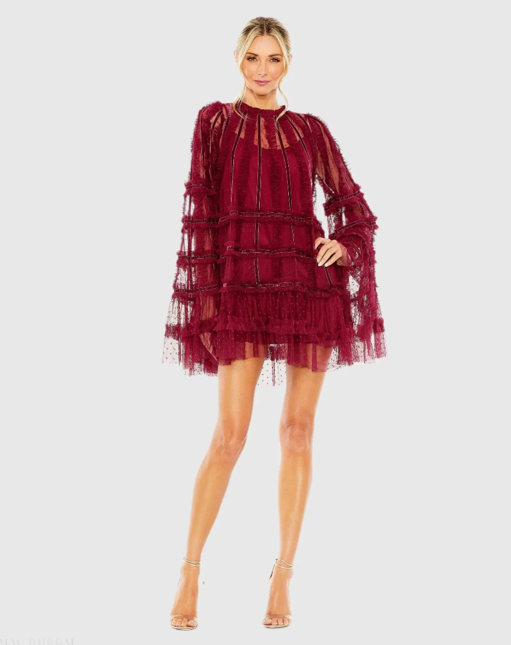High Neck Ruffle Bell Sleeve Trapeze Dress-Myartka