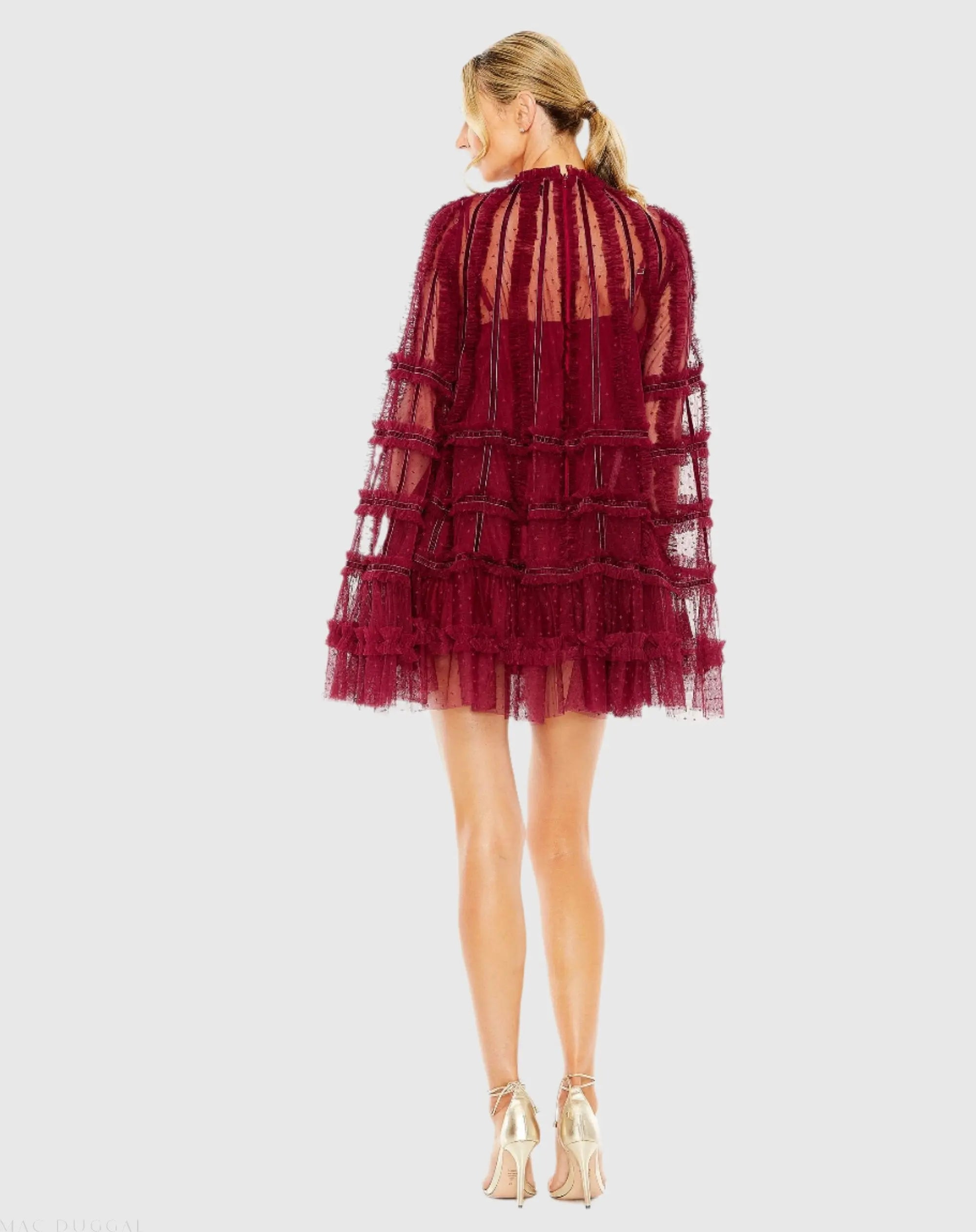 Red High Neck Ruffle Bell Sleeve Trapeze Dress-Myartka