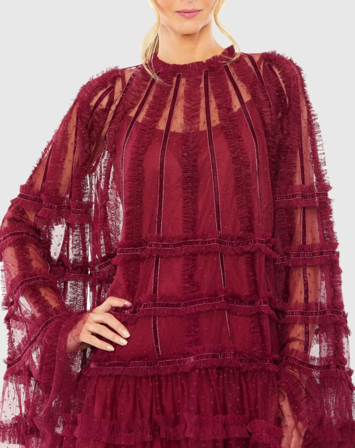 Red High Neck Ruffle Bell Sleeve Trapeze Dress-Myartka