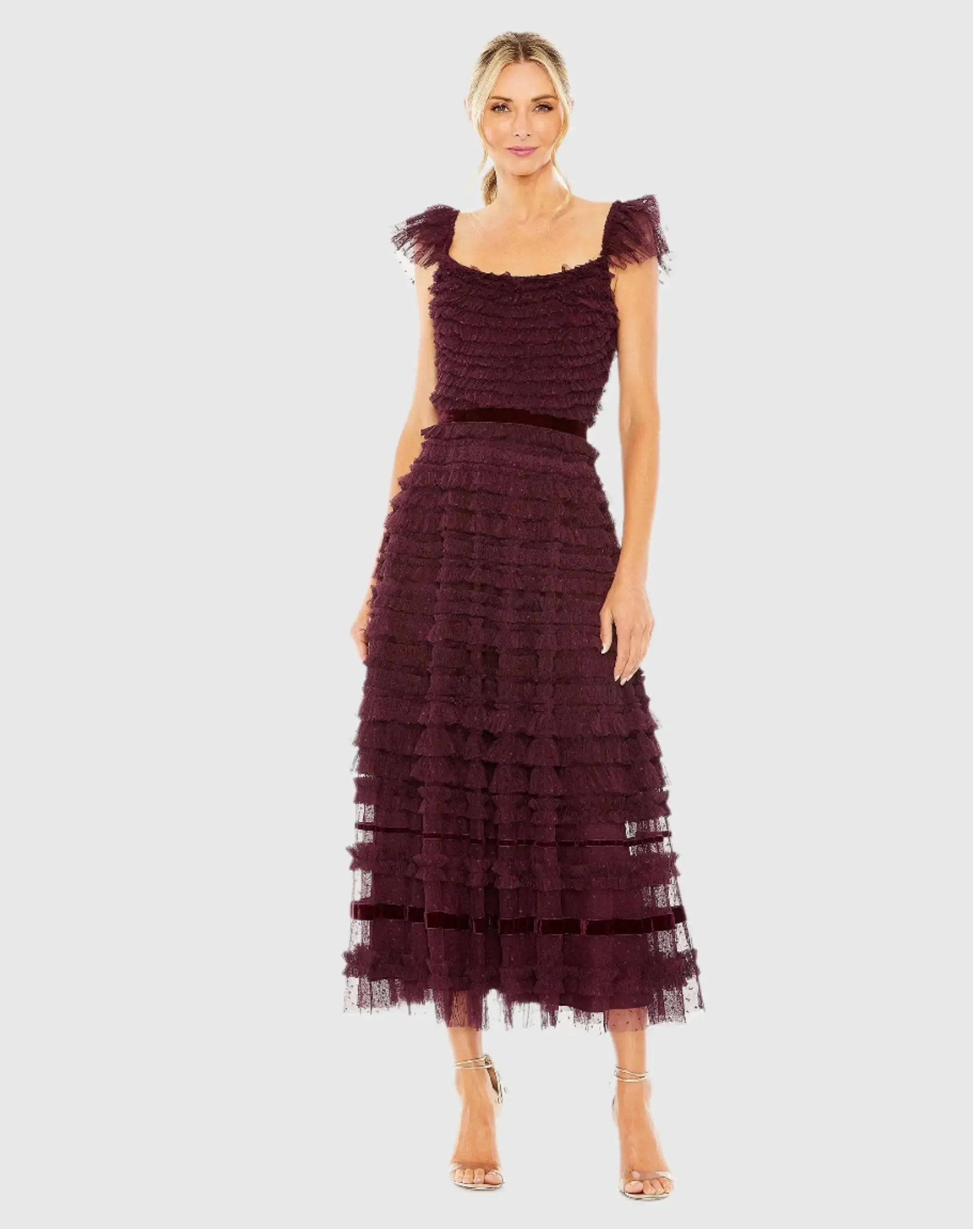 Purple Ruffle Cap Sleeve Tiered Midi Dress-Myartka