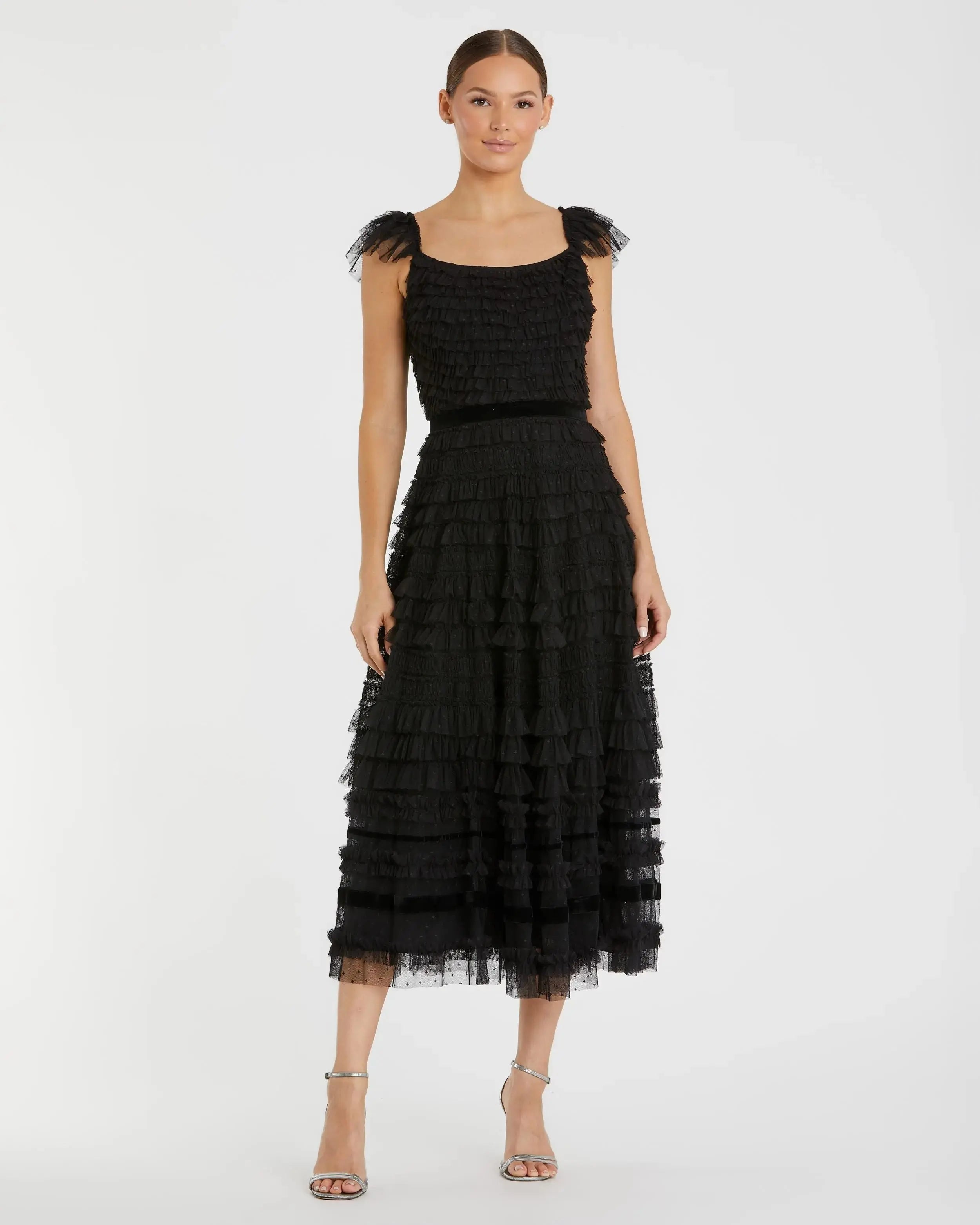 Black Ruffle Cap Sleeve Tiered Midi Dress-Myartka