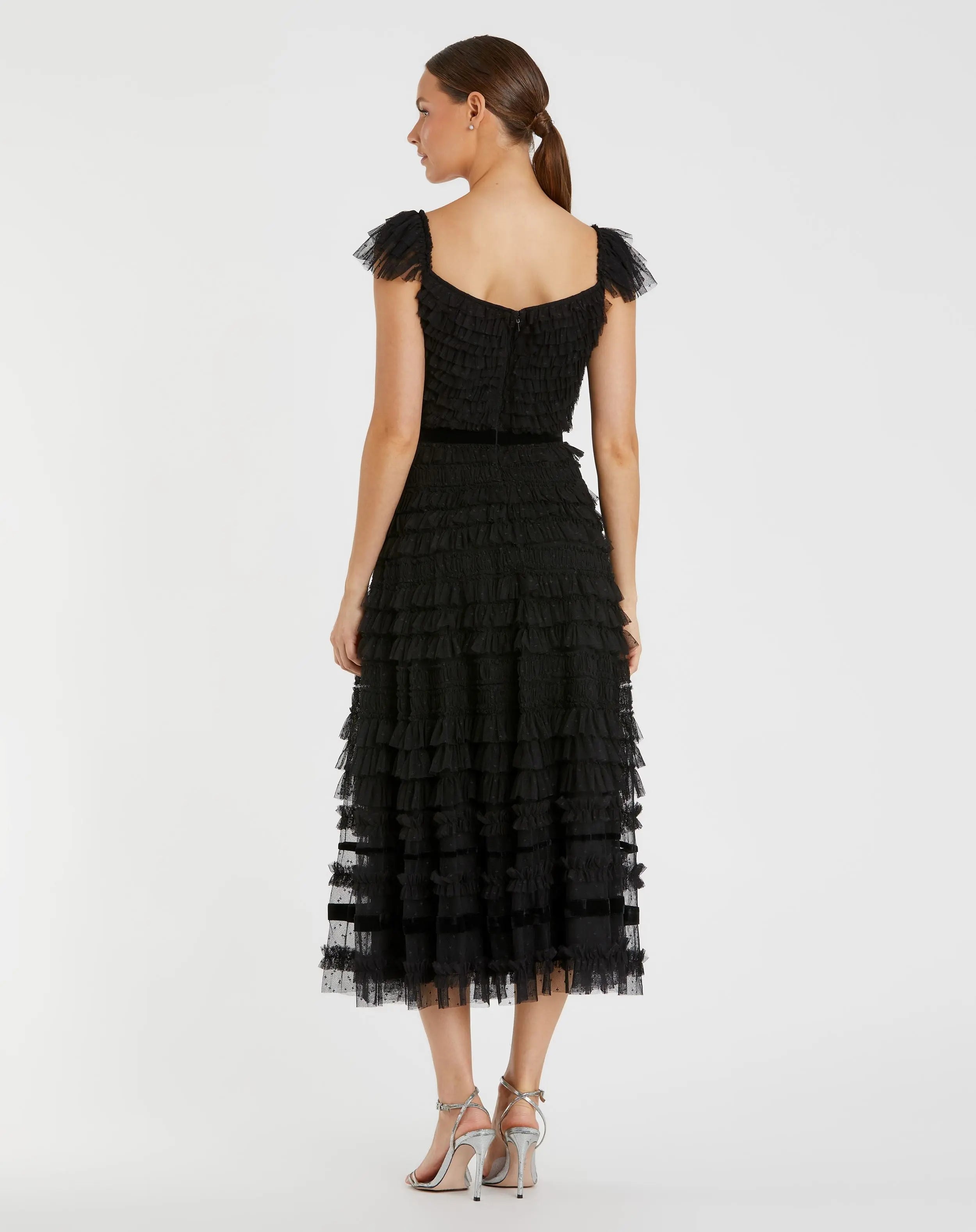 Black Ruffle Cap Sleeve Tiered Midi Dress-Myartka