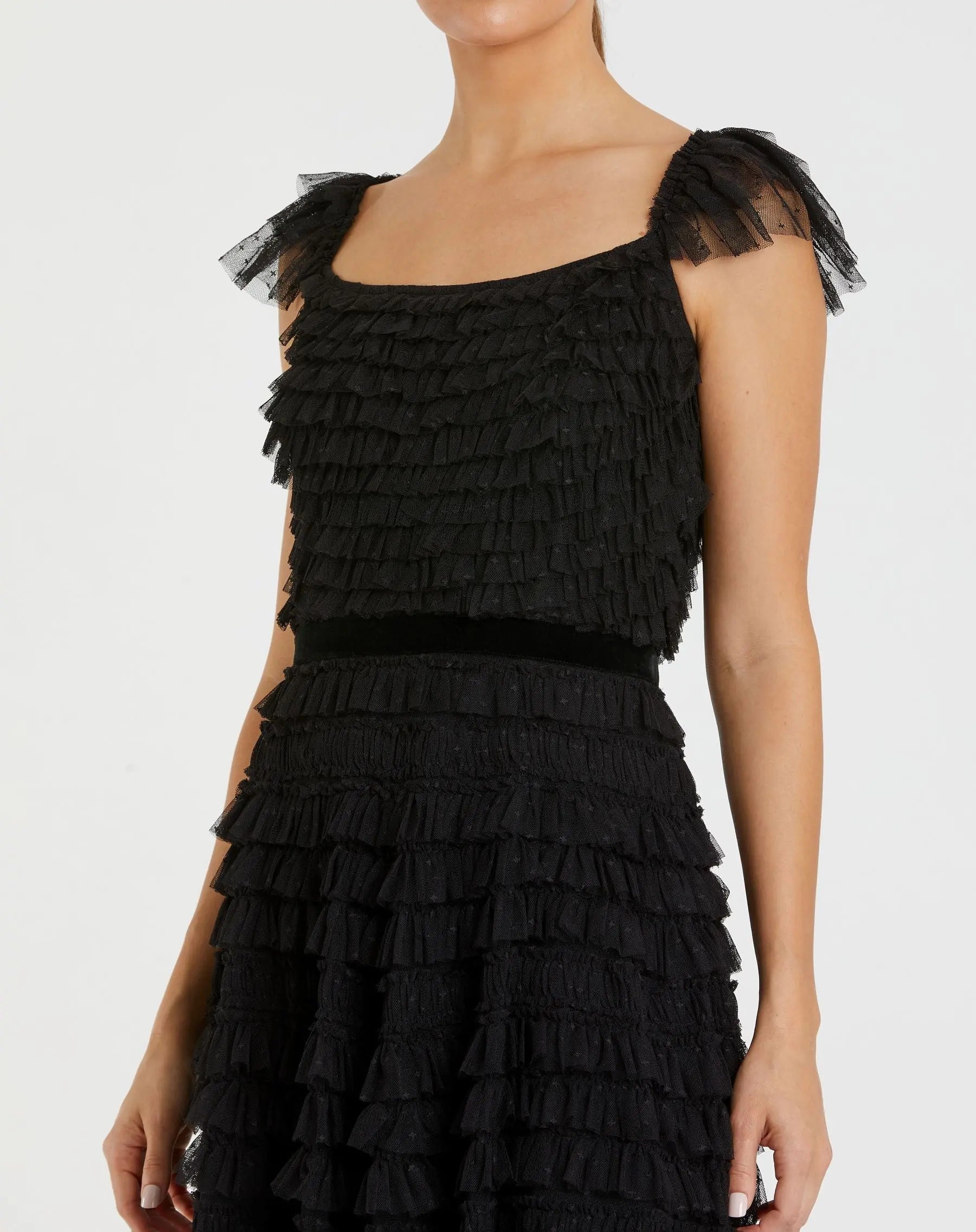 Black Ruffle Cap Sleeve Tiered Midi Dress-Myartka