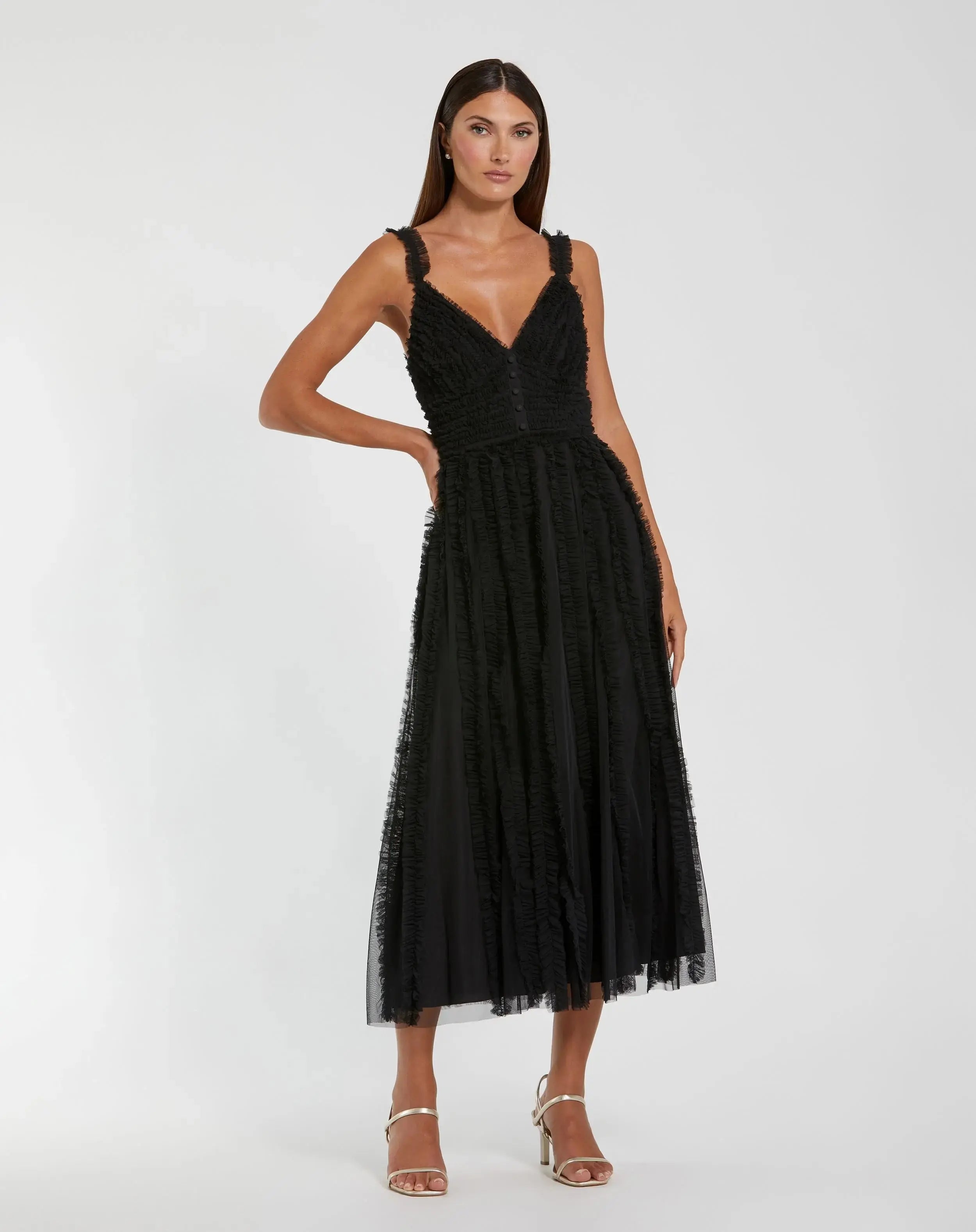 Black Sleeveless Ruffle Tiered Dress-Myartka