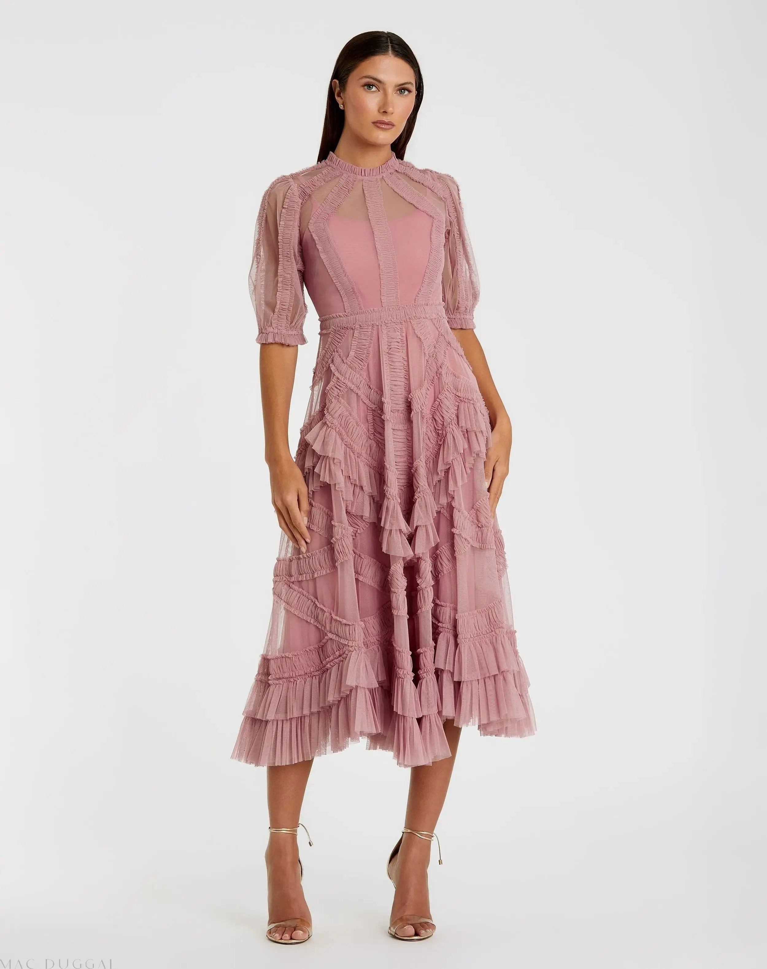 Pink High Neck Ruffle Tiered A-Line Midi Dress-Myartka