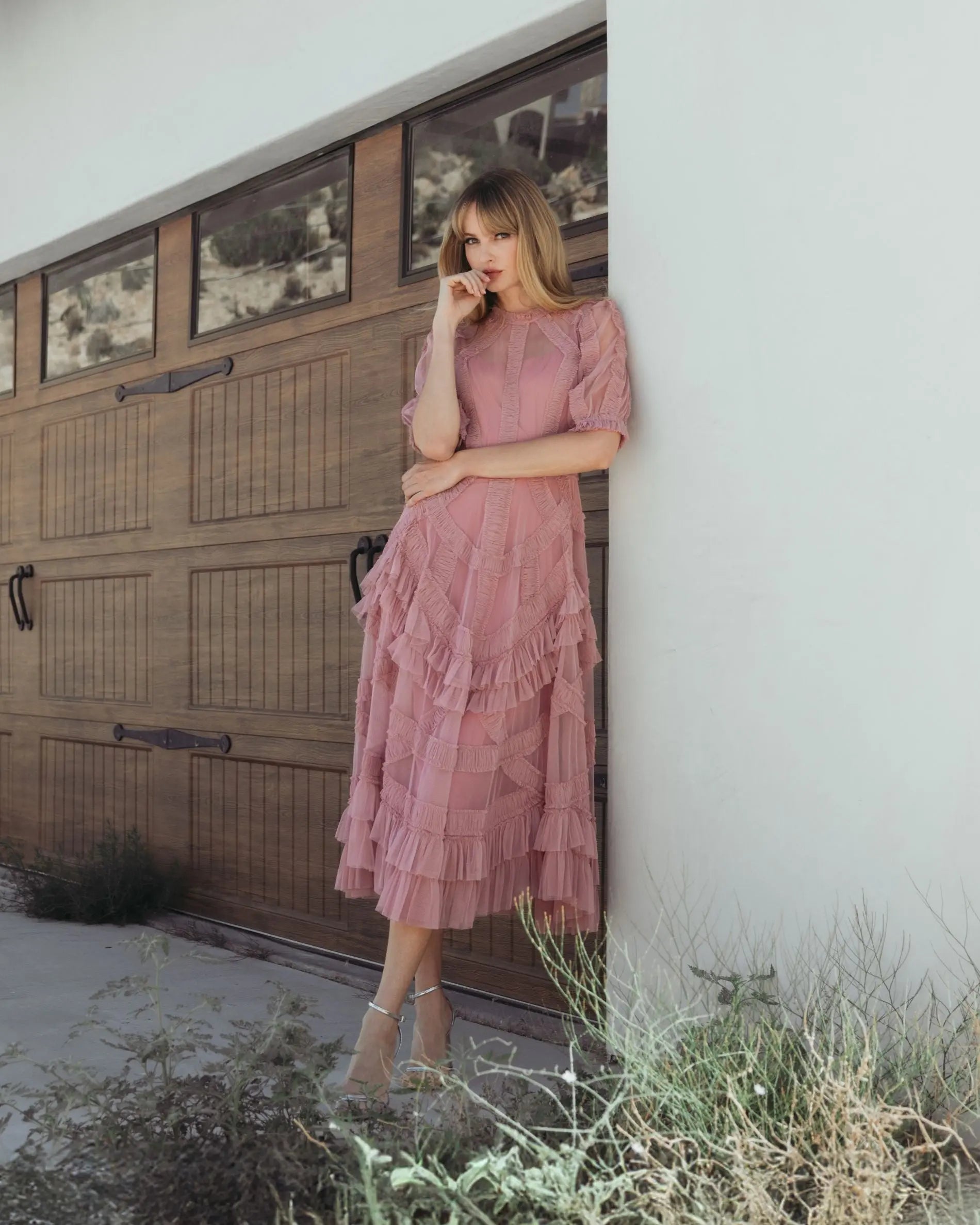 Pink High Neck Ruffle Tiered A-Line Midi Dress-Myartka