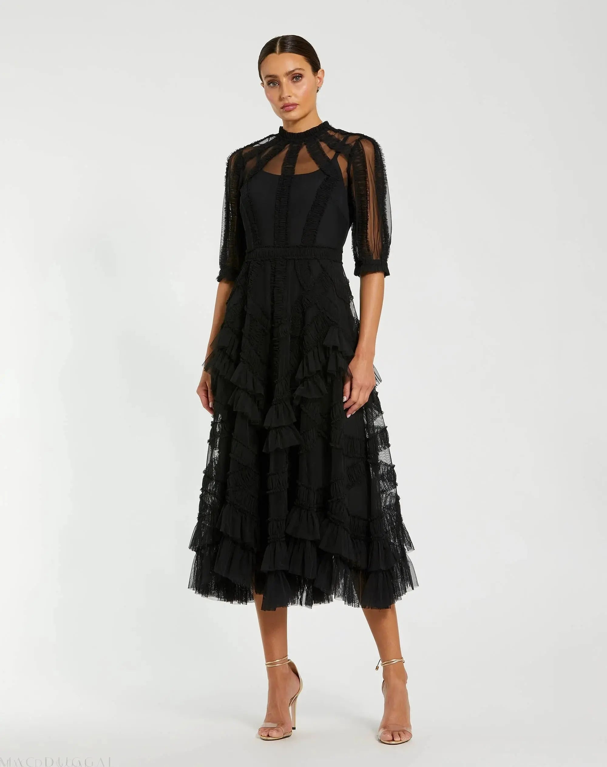 Black High Neck Ruffle Tiered A-Line Midi Dress-Myartka
