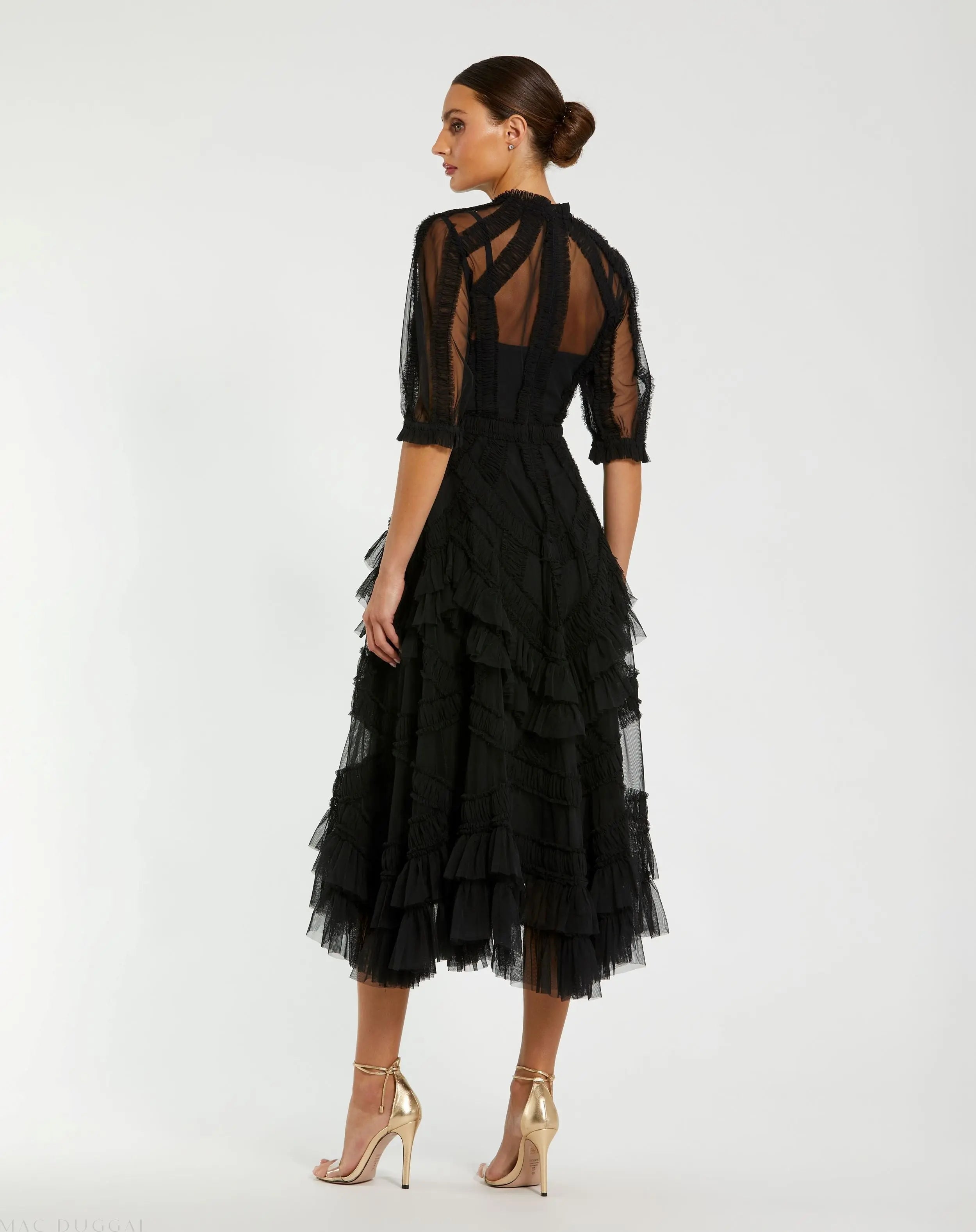 Black High Neck Ruffle Tiered A-Line Midi Dress-Myartka