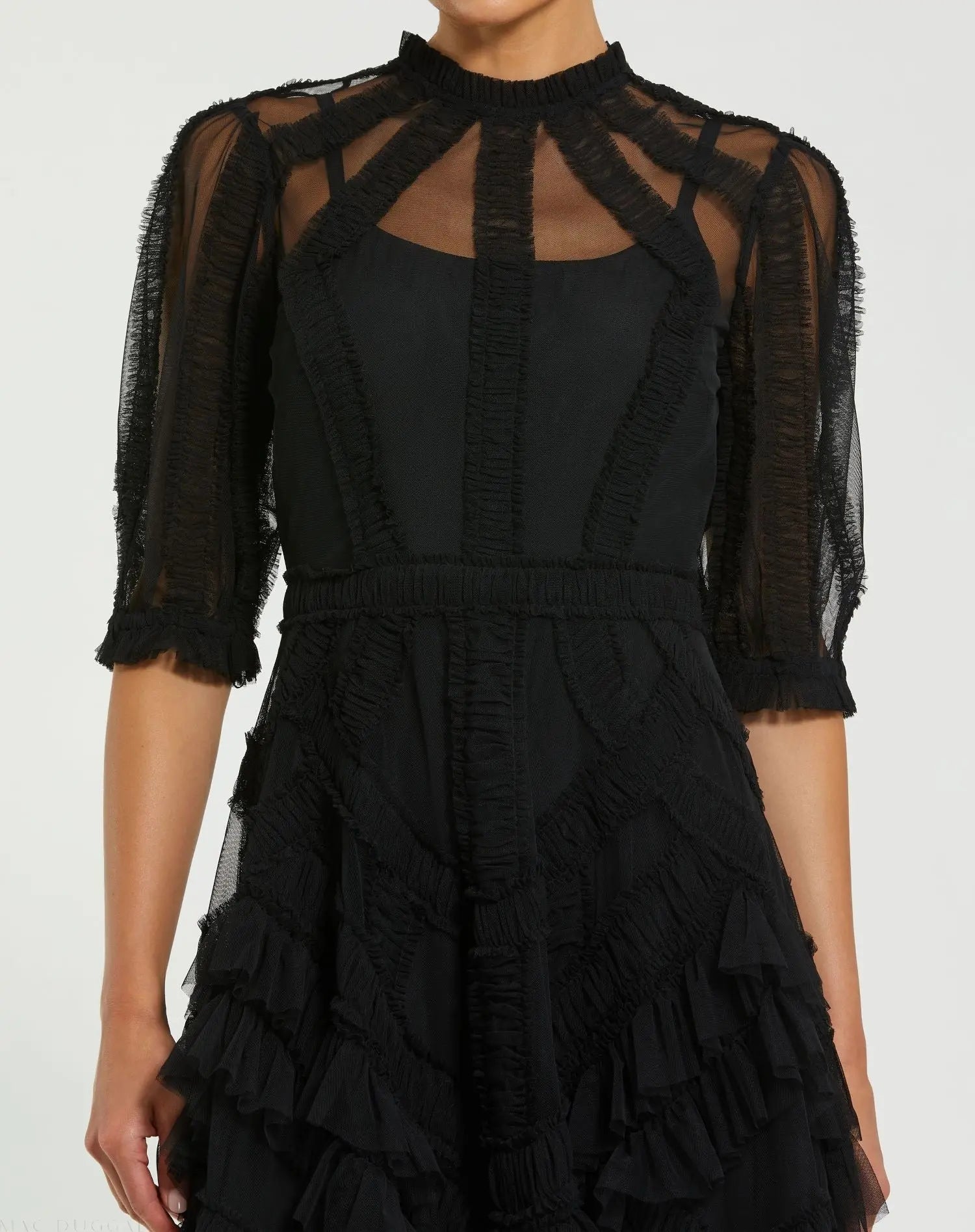 Black High Neck Ruffle Tiered A-Line Midi Dress-Myartka