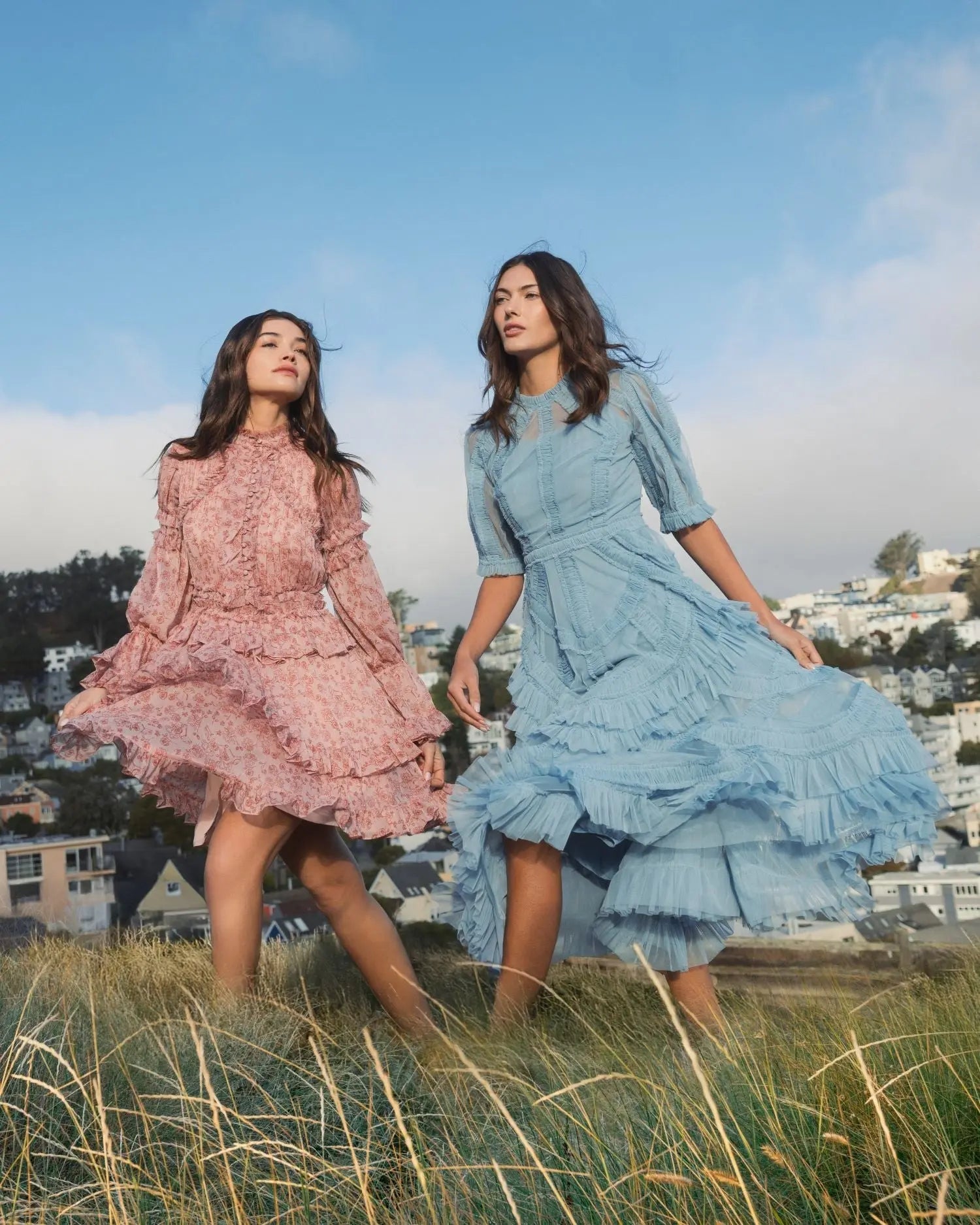 Blue High Neck Ruffle Tiered A-Line Midi Dress-Myartka