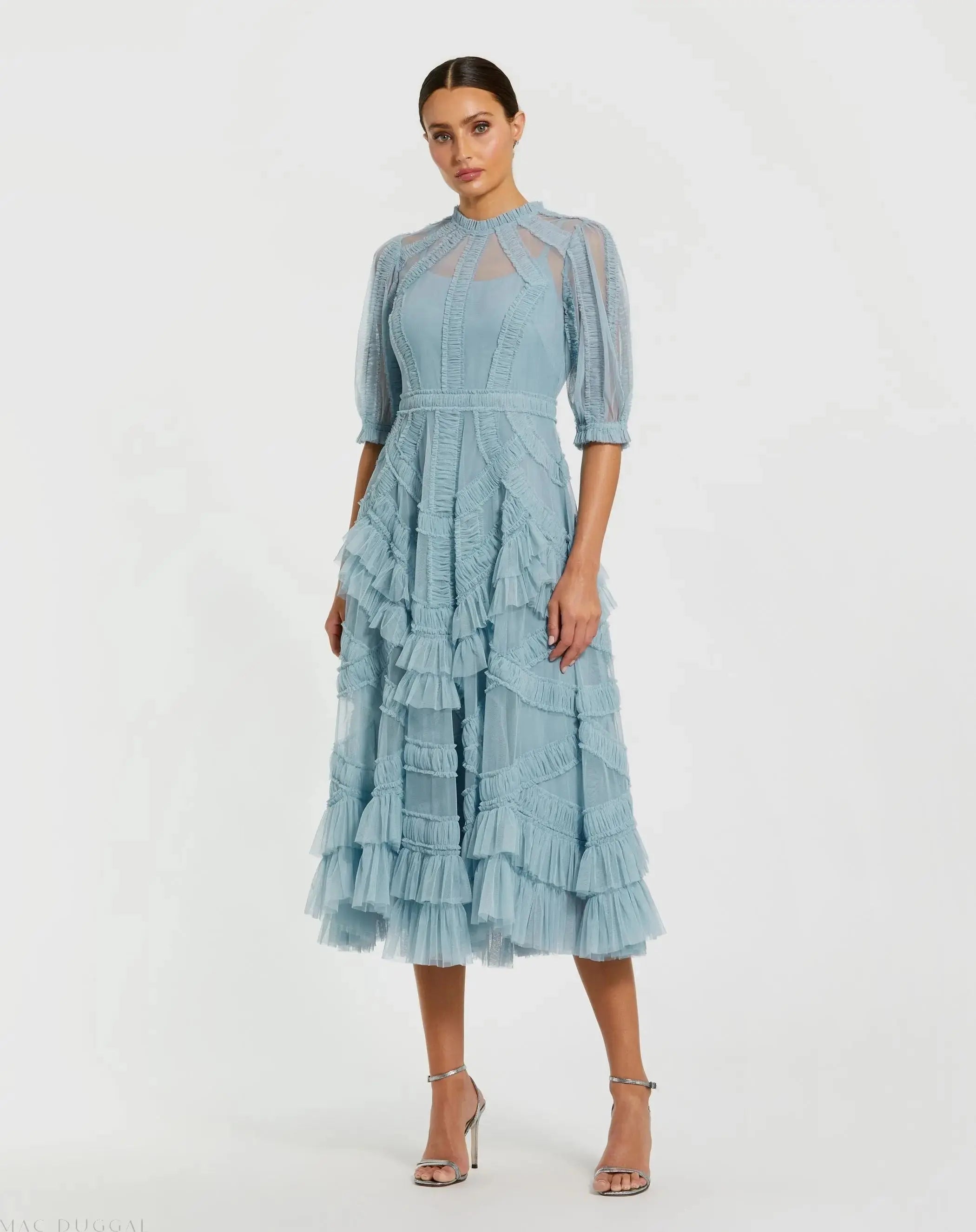 Blue High Neck Ruffle Tiered A-Line Midi Dress-Myartka