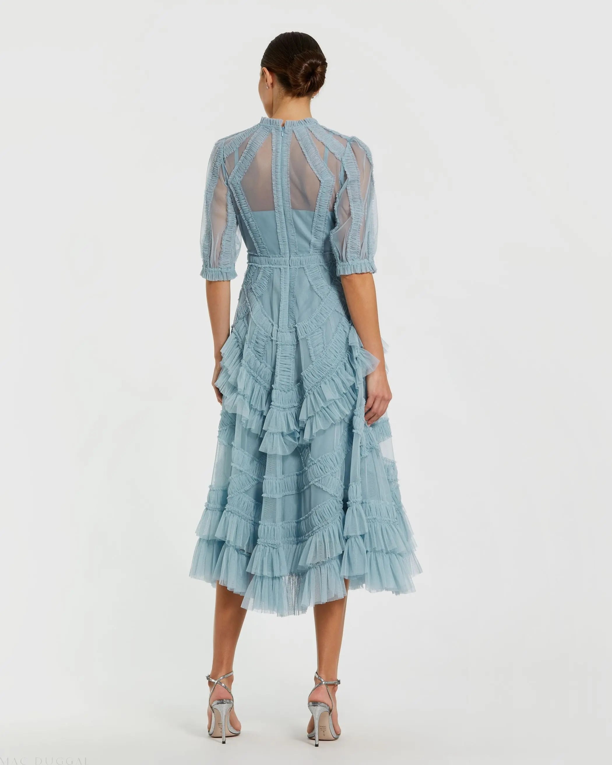 Blue High Neck Ruffle Tiered A-Line Midi Dress-Myartka