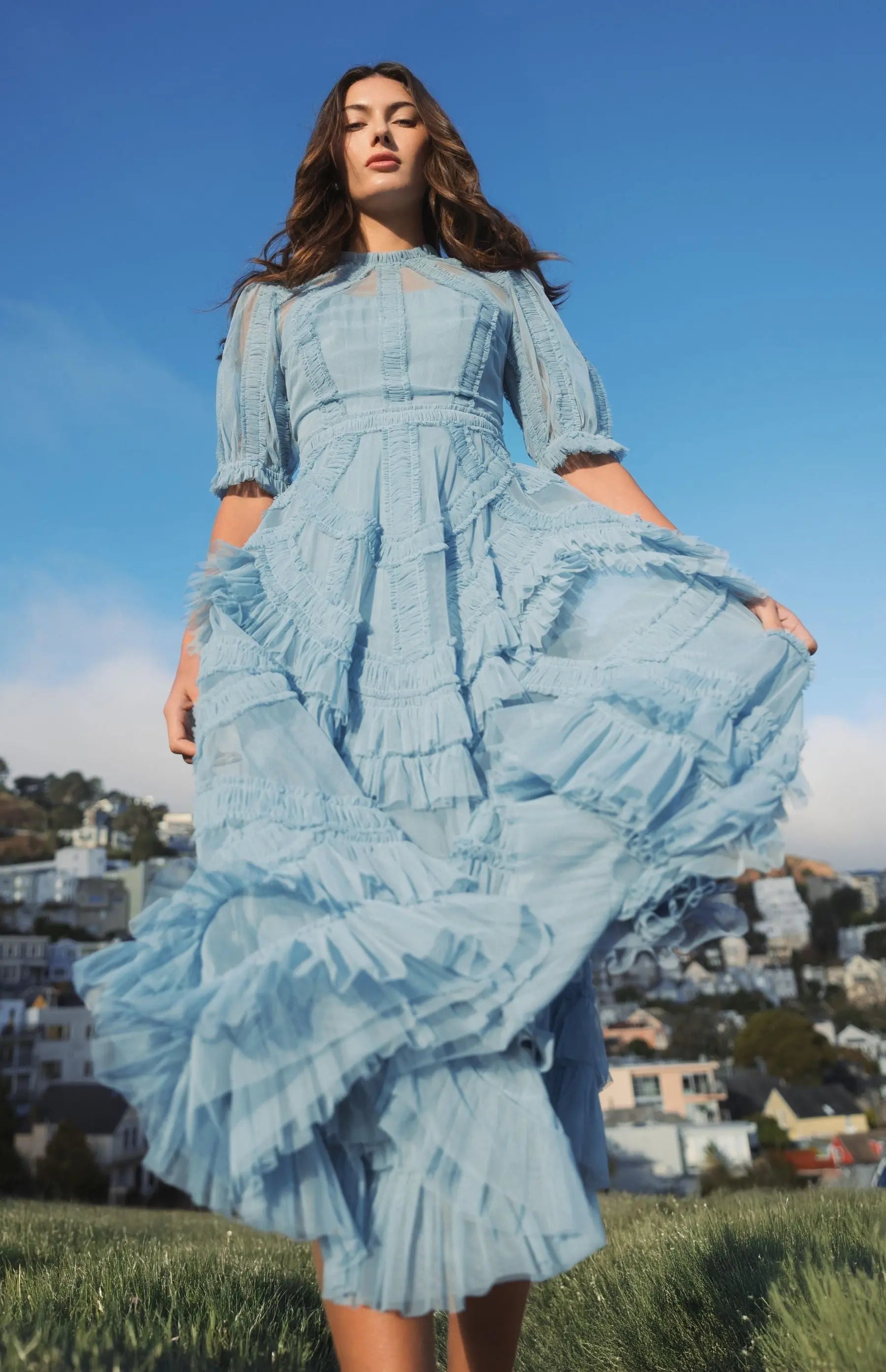 Blue High Neck Ruffle Tiered A-Line Midi Dress-Myartka