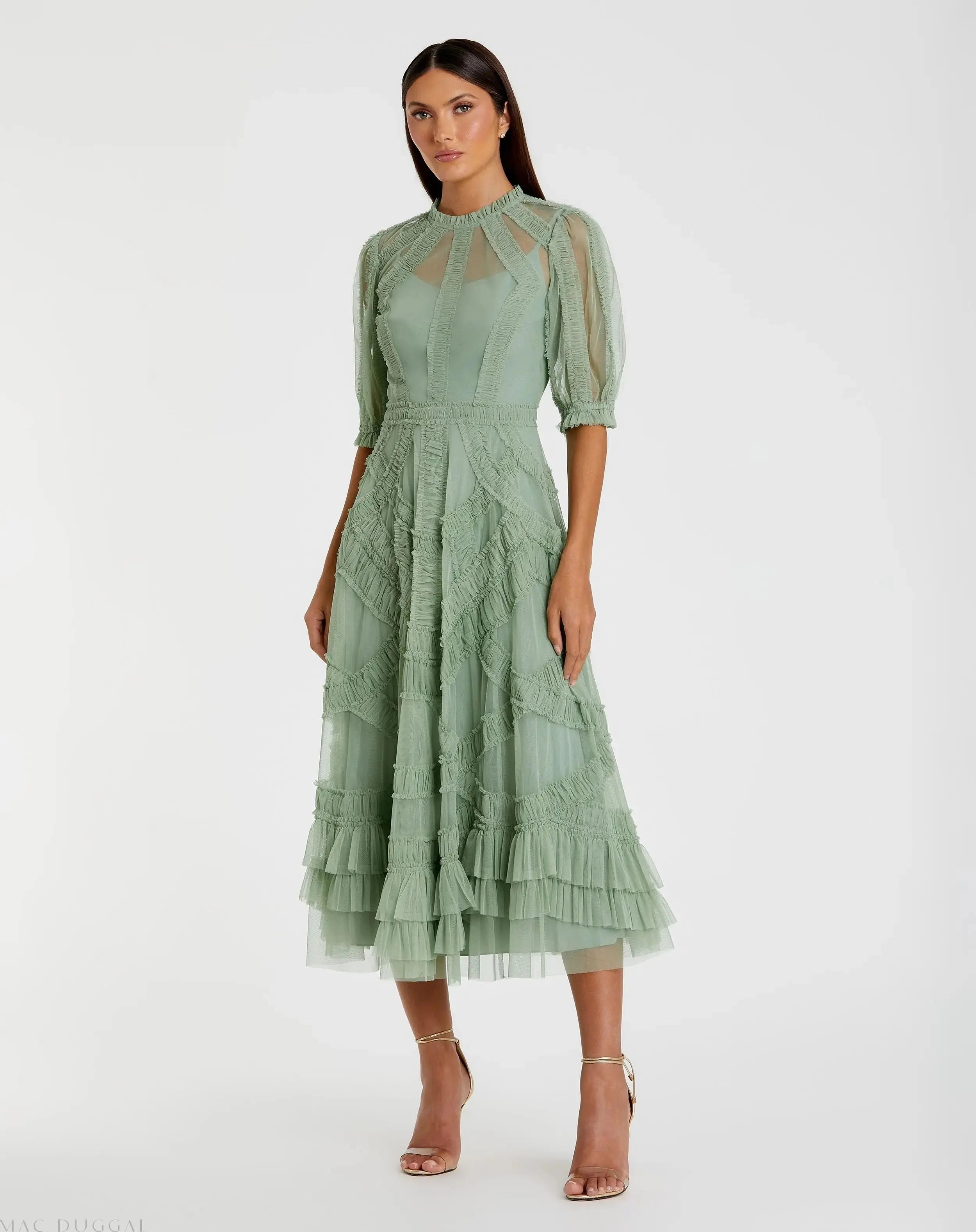 Green High Neck Ruffle Tiered A-Line Midi Dress-Myartka