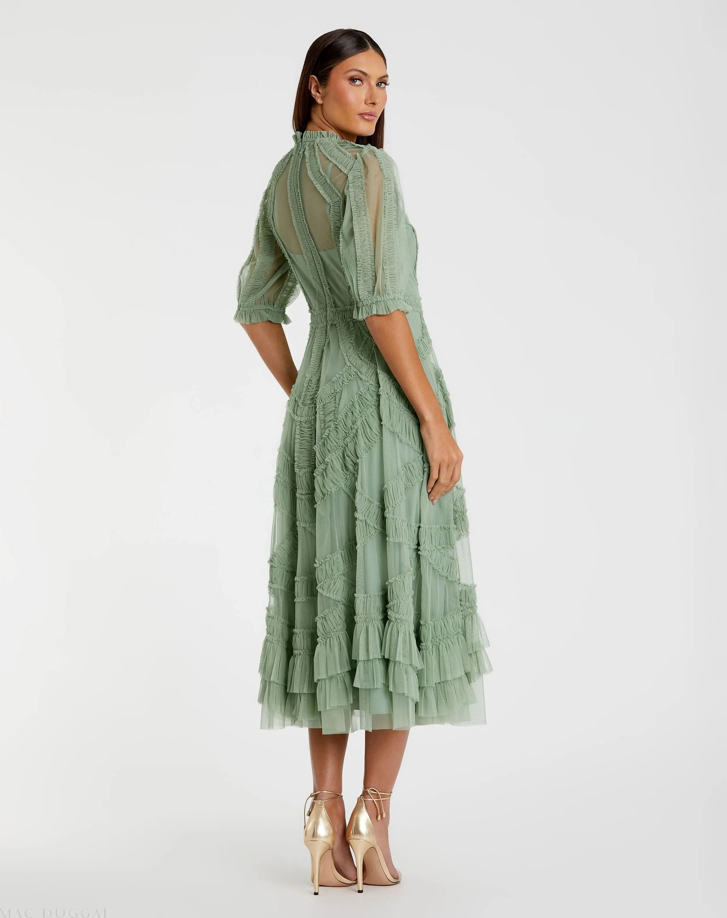 Green High Neck Ruffle Tiered A-Line Midi Dress-Myartka