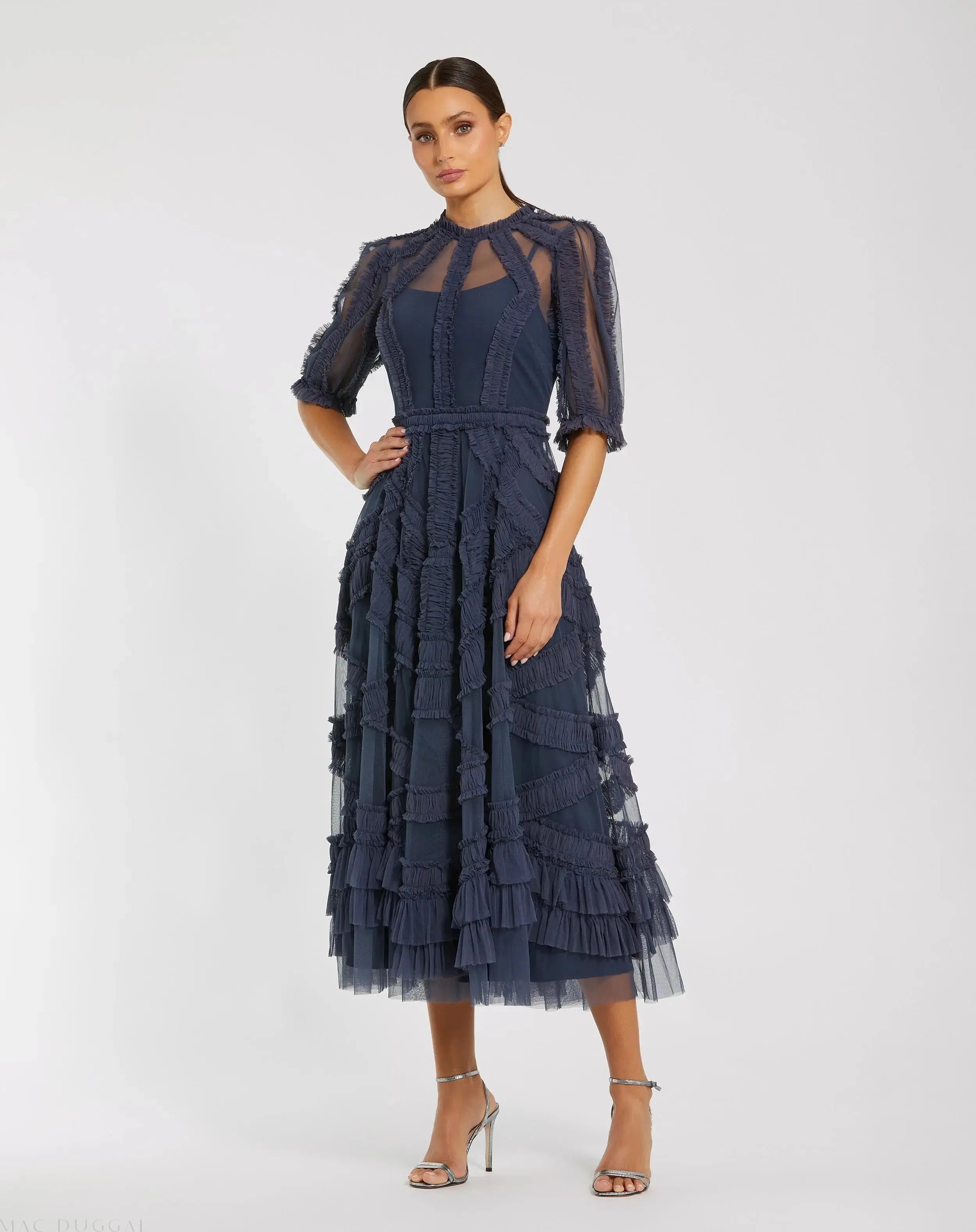 Navy High Neck Ruffle Tiered A-Line Midi Dress-Myartka