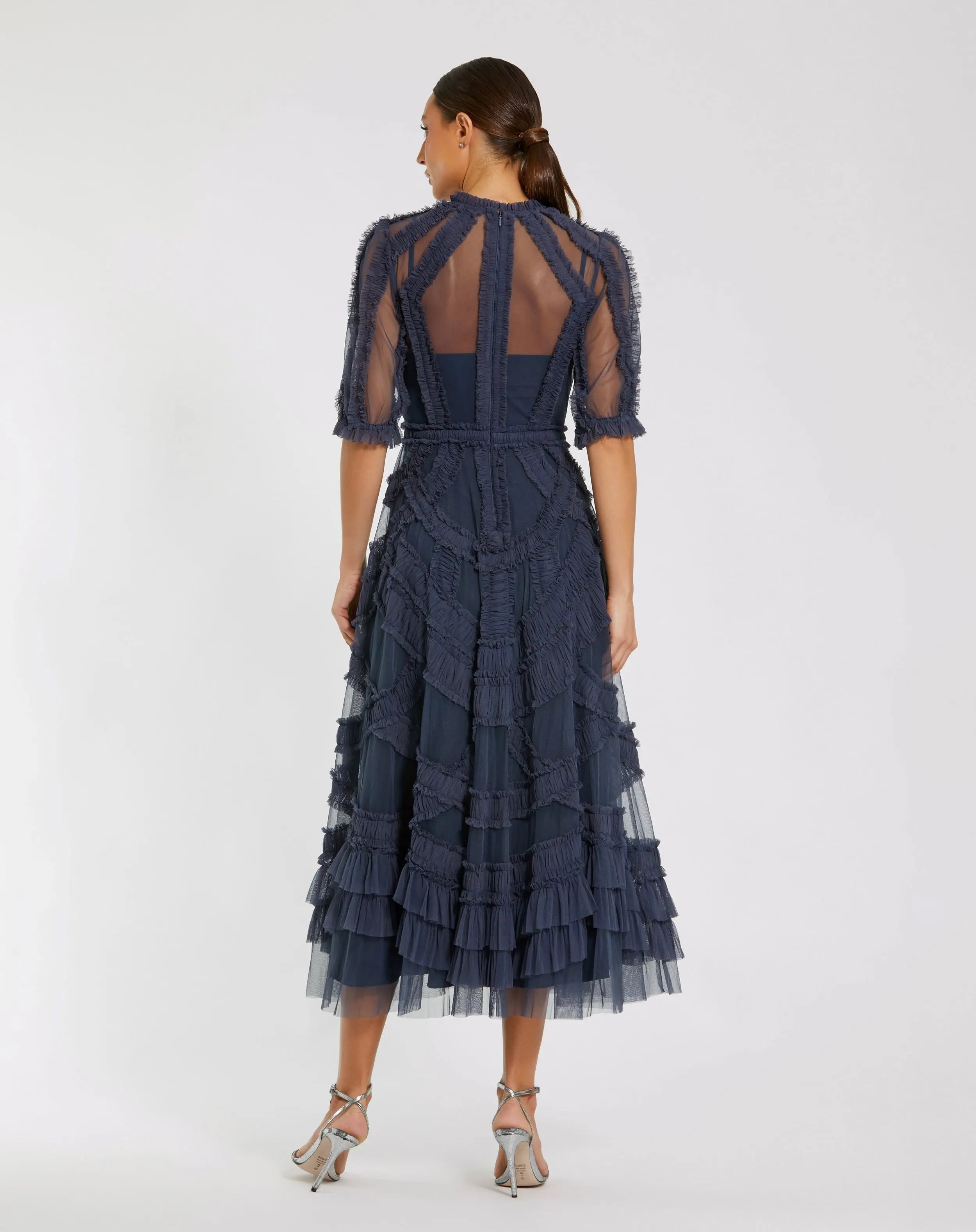Navy High Neck Ruffle Tiered A-Line Midi Dress-Myartka
