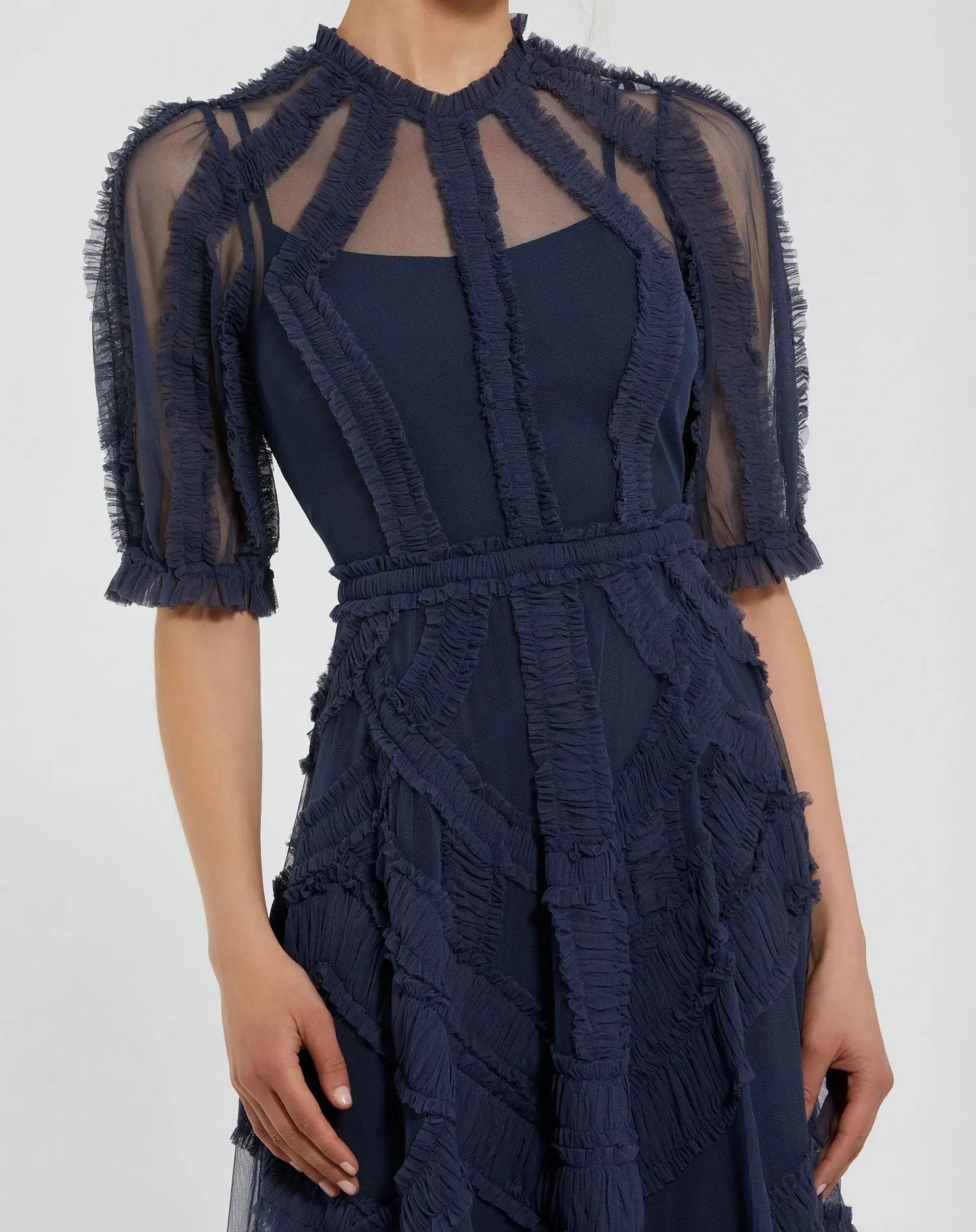 Navy High Neck Ruffle Tiered A-Line Midi Dress-Myartka
