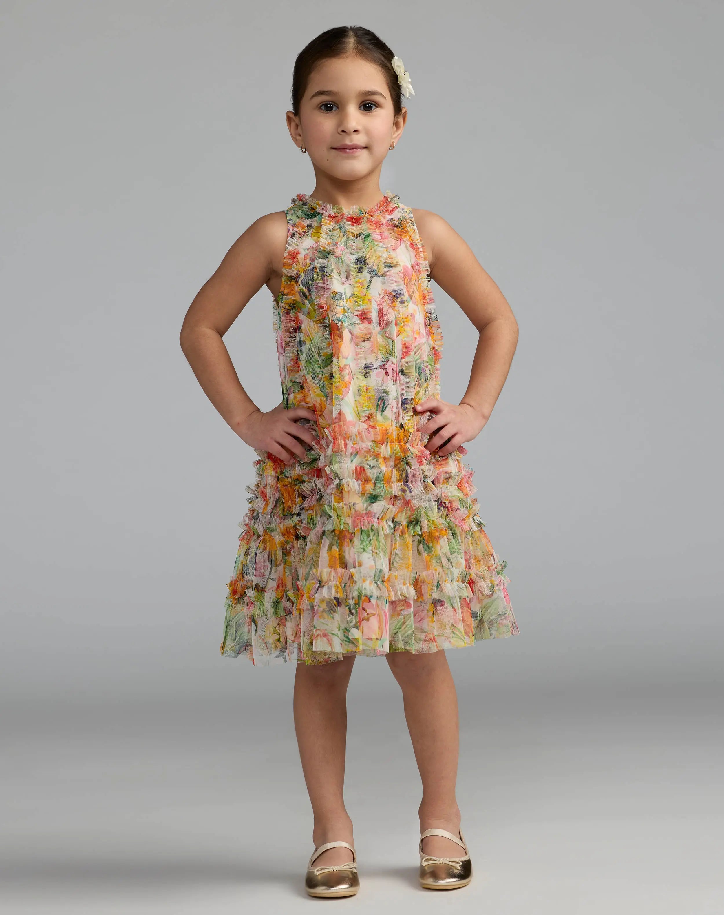 Girls Yellow Floral Printed Ruffle Mini Dress-Myartka