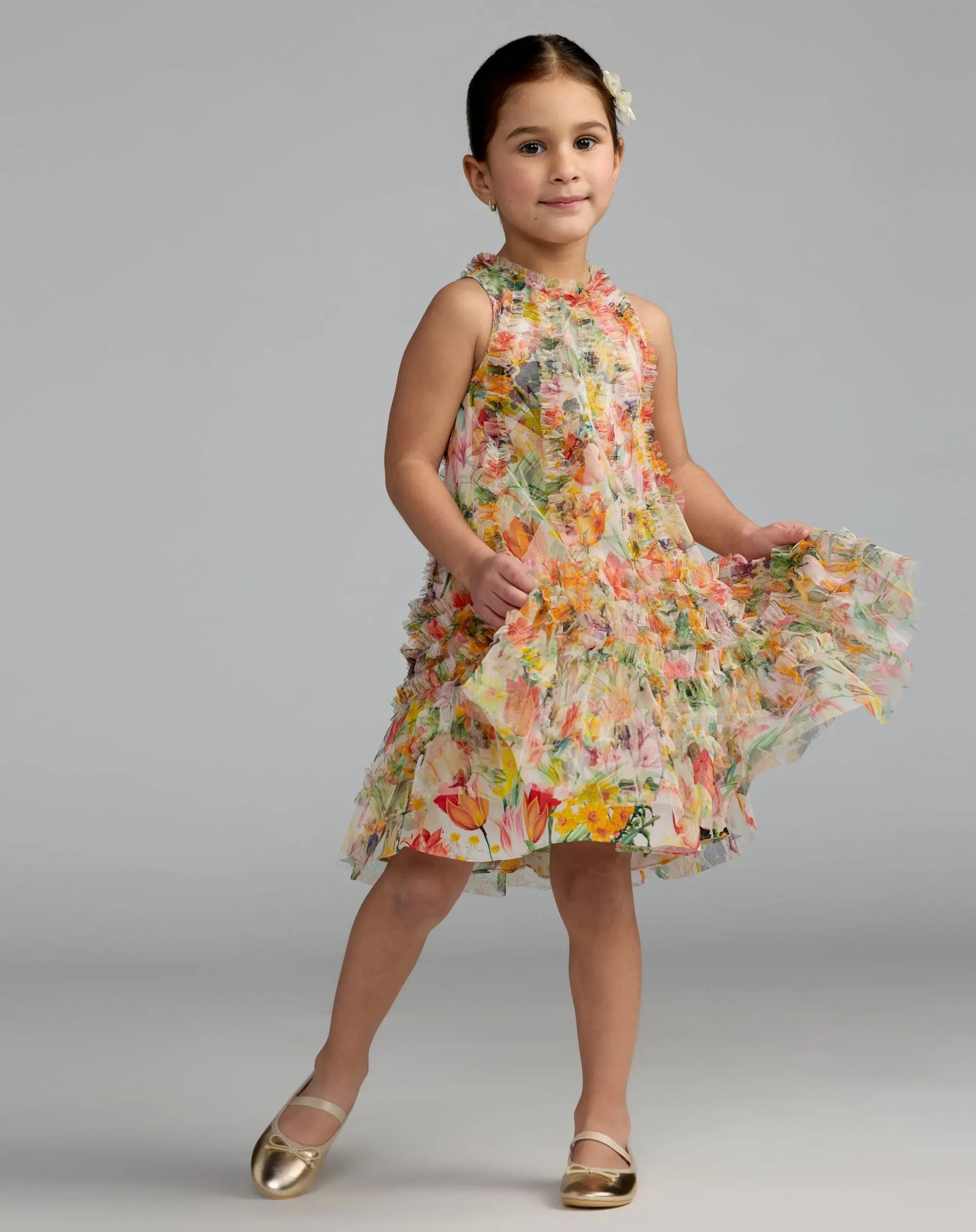 Girls Yellow Floral Printed Ruffle Mini Dress-Myartka