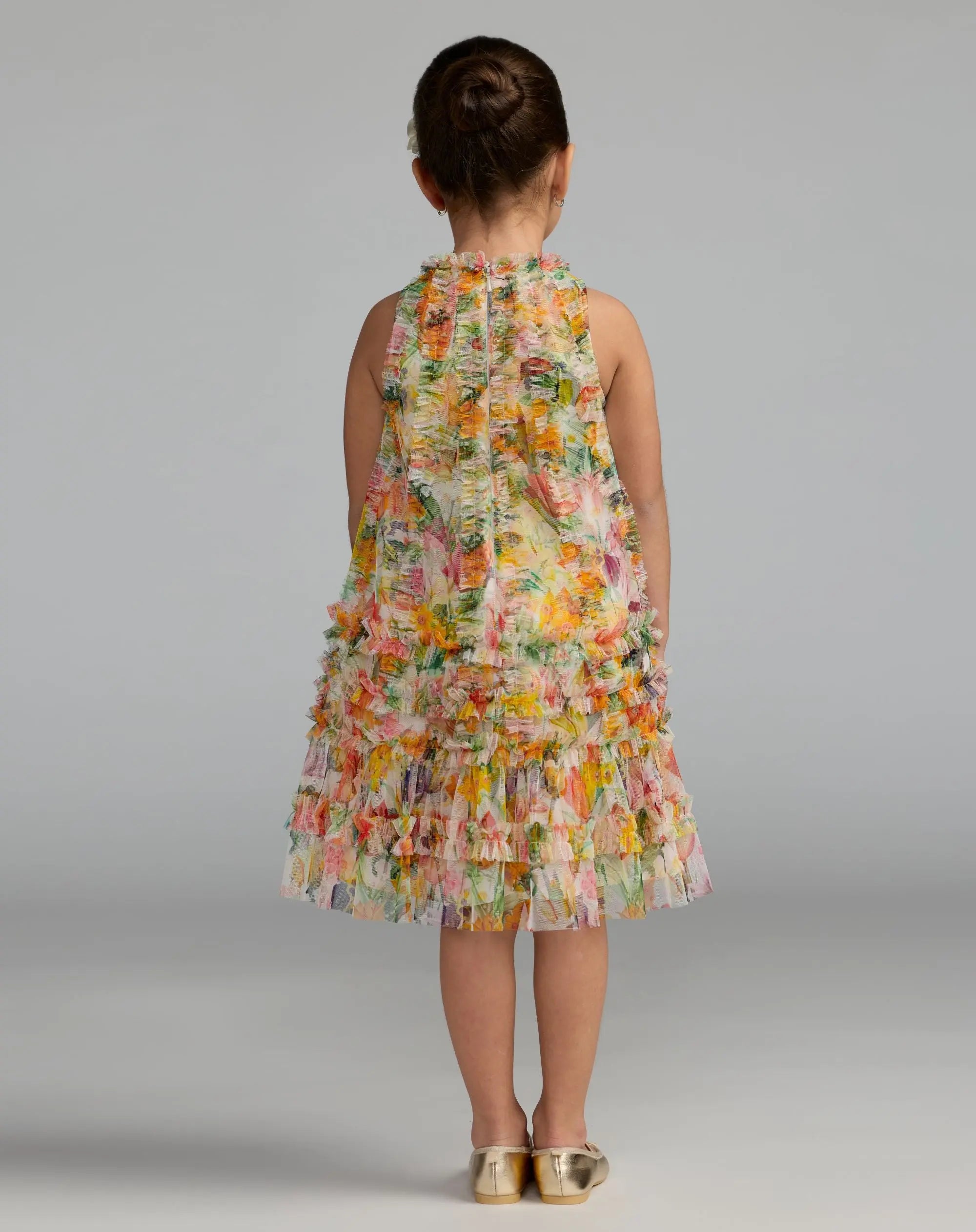 Girls Yellow Floral Printed Ruffle Mini Dress-Myartka