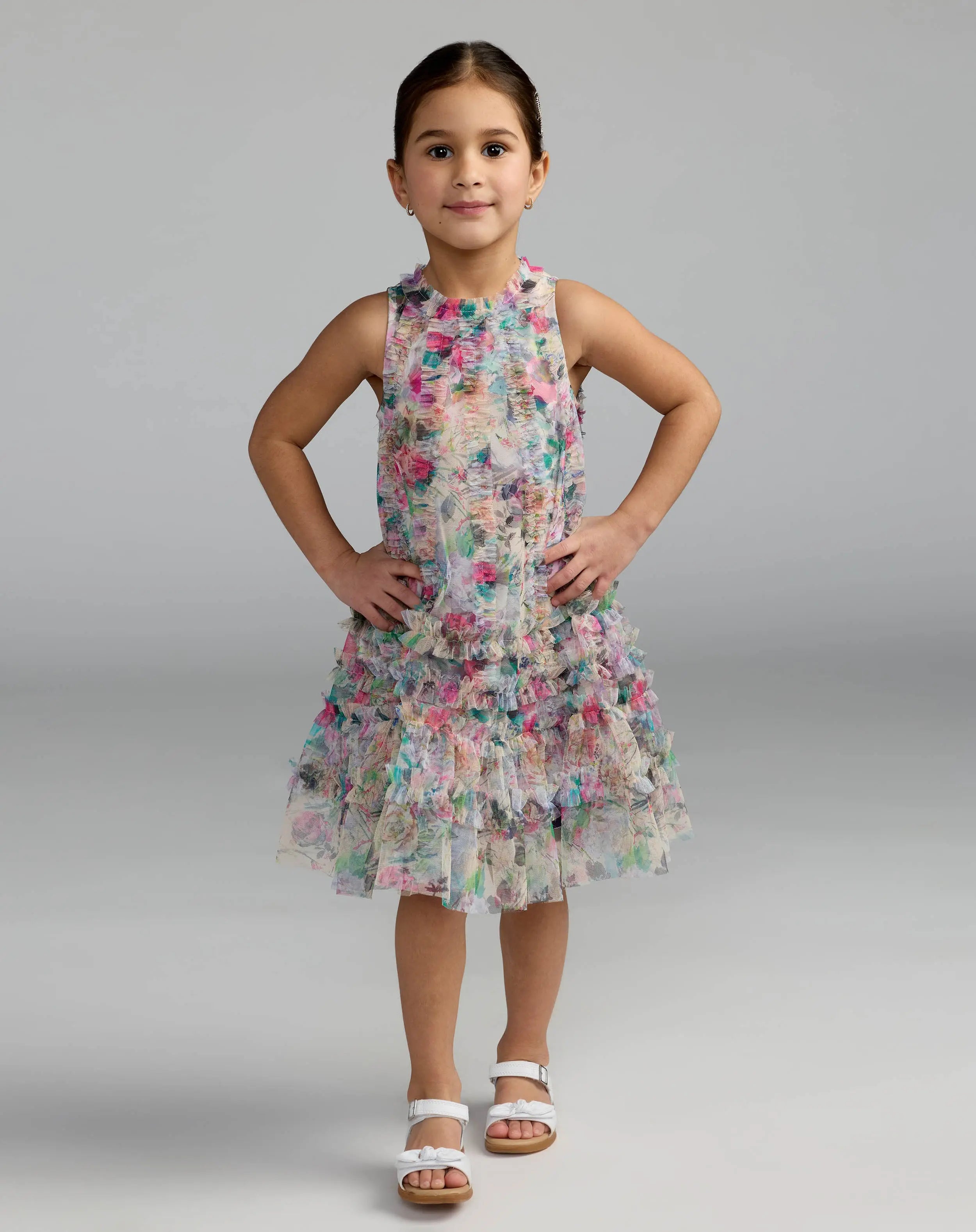 Girls Multicolor Floral Printed Ruffle Mini Dress-Myartka