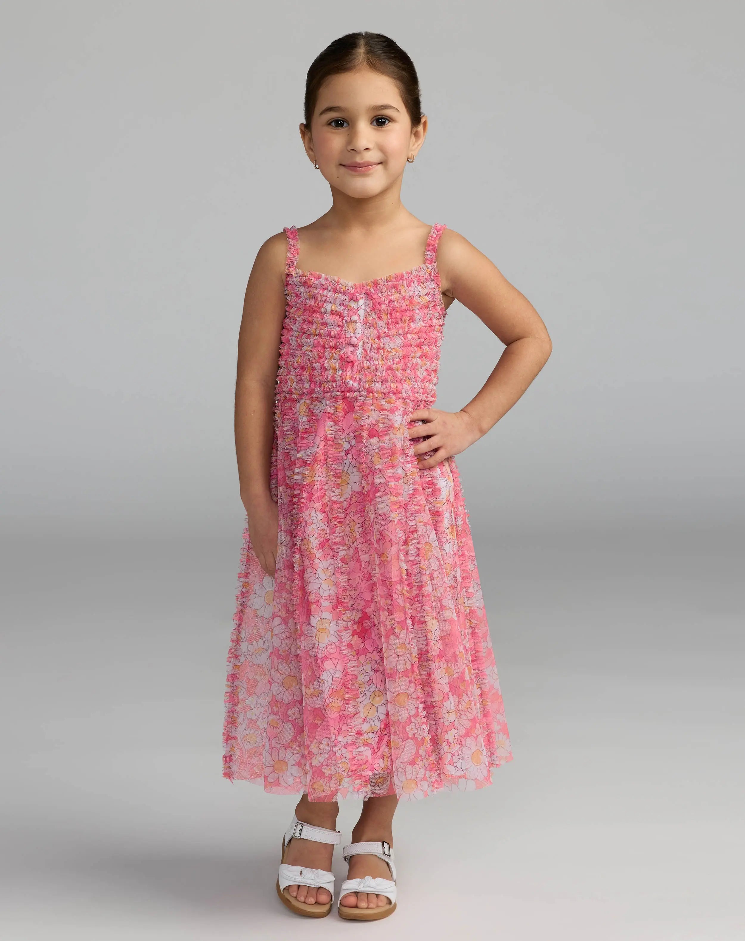 Girls Pink Floral Print Ruffle Mini Dress-Myartka
