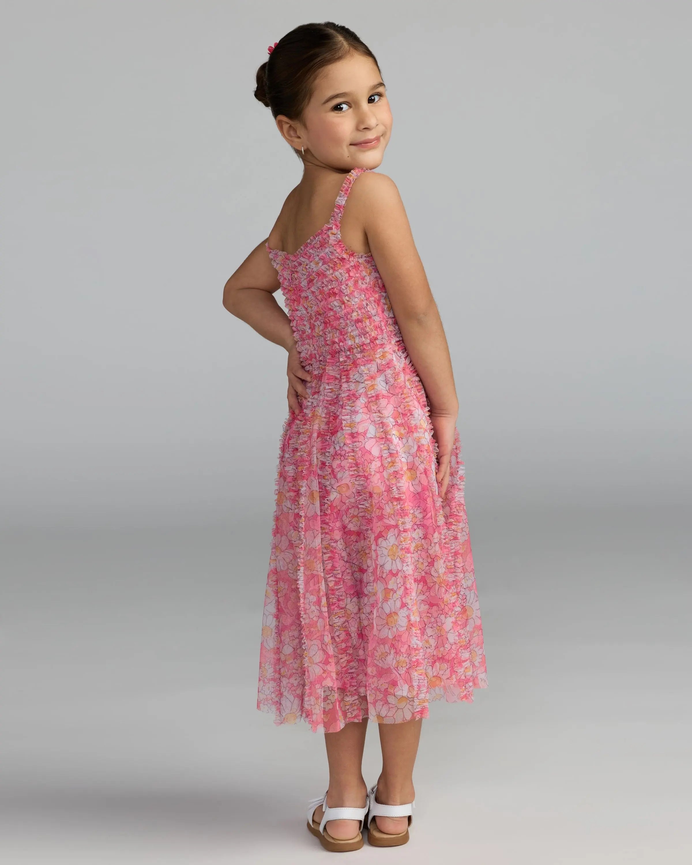 Girls Pink Floral Print Ruffle Mini Dress-Myartka